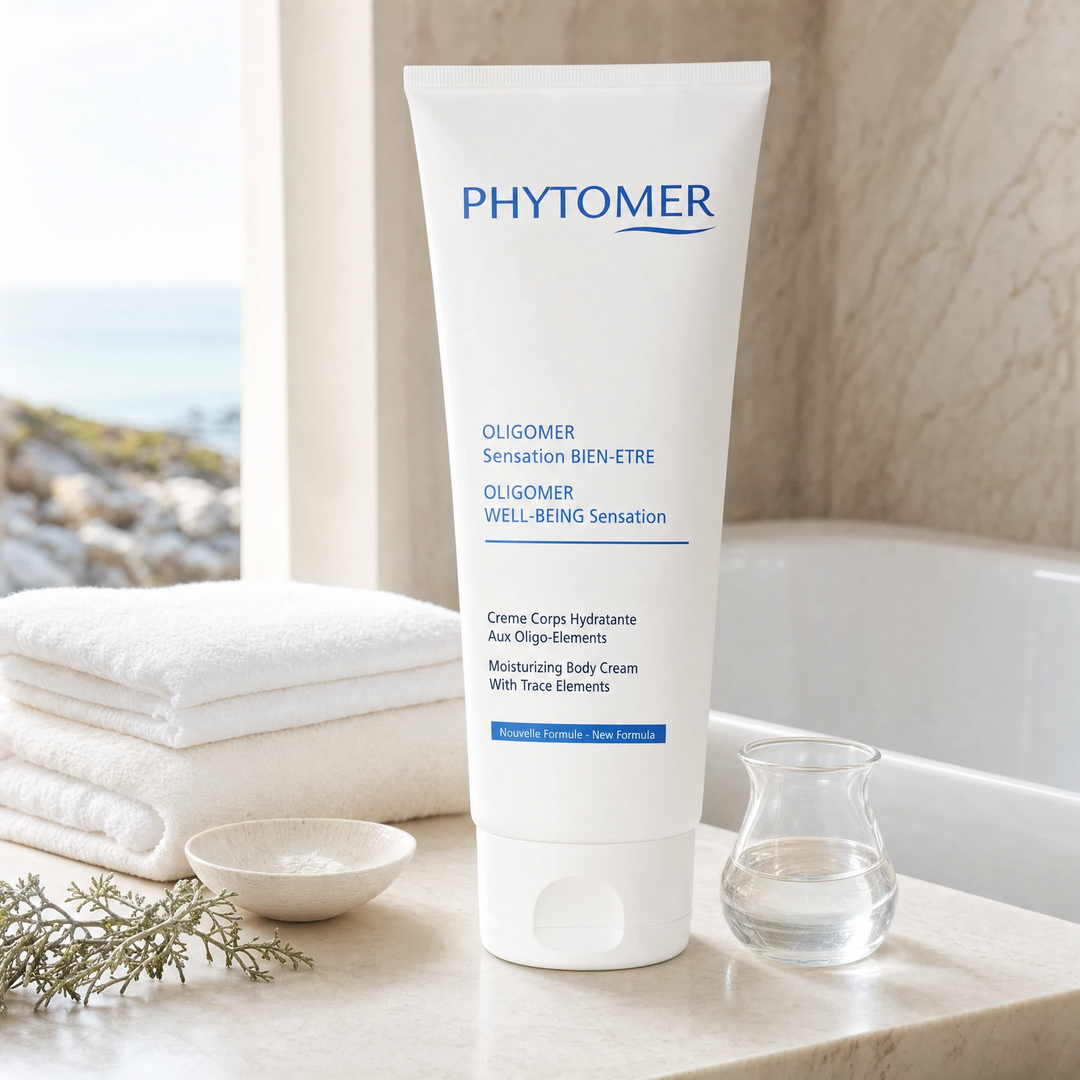 Phytomer Oligomer Well-Being Sensation Moisturising Body Cream 150ml on a marble bath ledge with coastal botanicals, glass vessel, white towels and ceramic dish, premium at-home bathroom setting