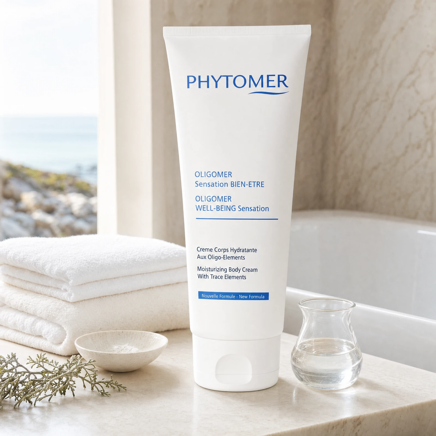 Phytomer Oligomer Well-Being Sensation Moisturising Body Cream 150ml on a marble bath ledge with coastal botanicals, glass vessel, white towels and ceramic dish, premium at-home bathroom setting