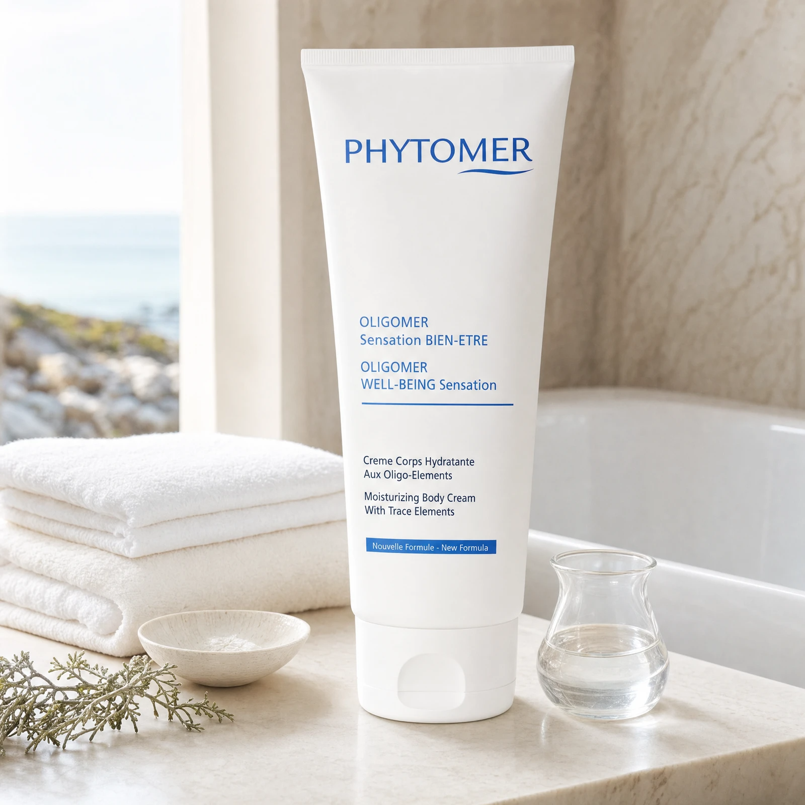 Phytomer Oligomer Well-Being Sensation Moisturising Body Cream 150ml on a marble bath ledge with coastal botanicals, glass vessel, white towels and ceramic dish, premium at-home bathroom setting