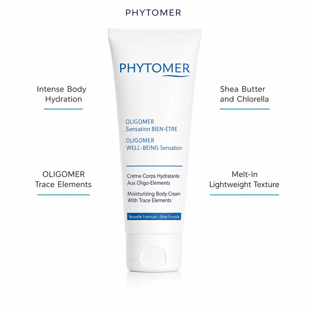 Phytomer Oligomer Well-Being Sensation Moisturising Body Cream 150ml with four benefit callouts: Intense Body Hydration, OLIGOMER Trace Elements, Shea Butter and Chlorella, Melt-In Lightweight Texture