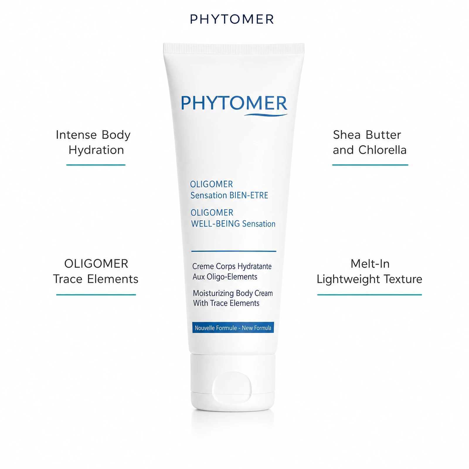 Phytomer Oligomer Well-Being Sensation Moisturising Body Cream 150ml with four benefit callouts: Intense Body Hydration, OLIGOMER Trace Elements, Shea Butter and Chlorella, Melt-In Lightweight Texture