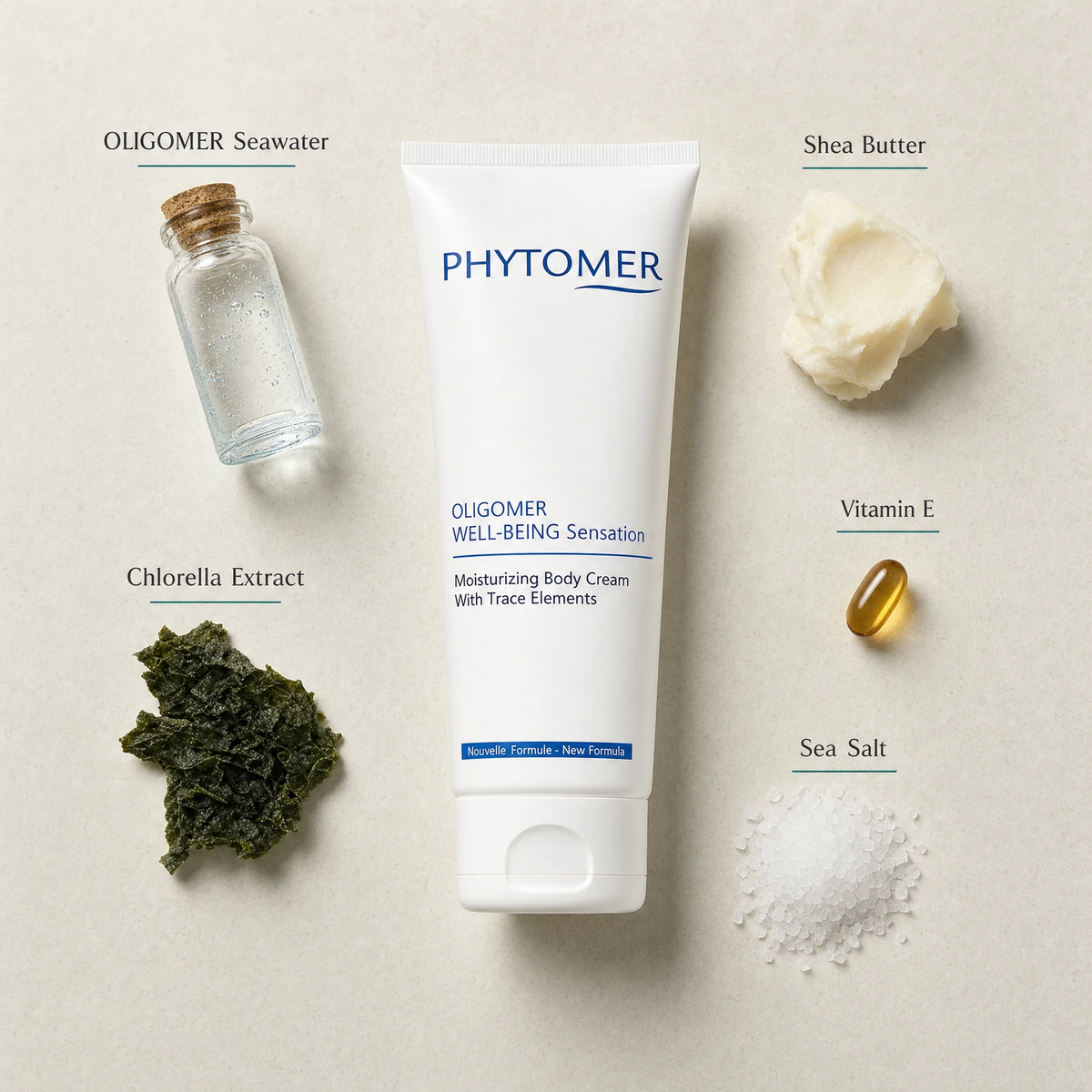 Phytomer Oligomer Well-Being Sensation Moisturising Body Cream 150ml with four benefit callouts: Intense Body Hydration, OLIGOMER Trace Elements, Shea Butter and Chlorella, Melt-In Lightweight Texture