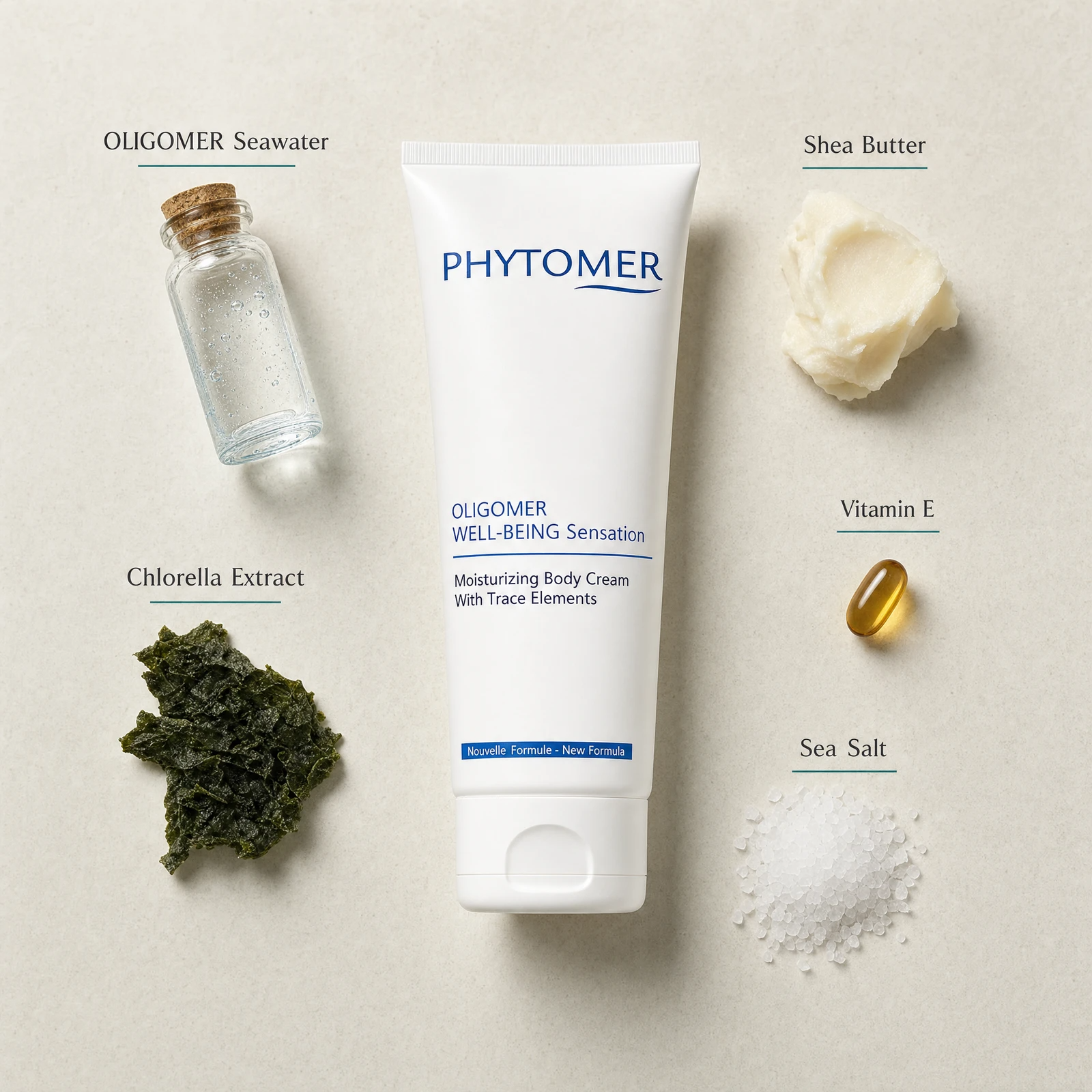 Phytomer Oligomer Well-Being Sensation Moisturising Body Cream 150ml with four benefit callouts: Intense Body Hydration, OLIGOMER Trace Elements, Shea Butter and Chlorella, Melt-In Lightweight Texture