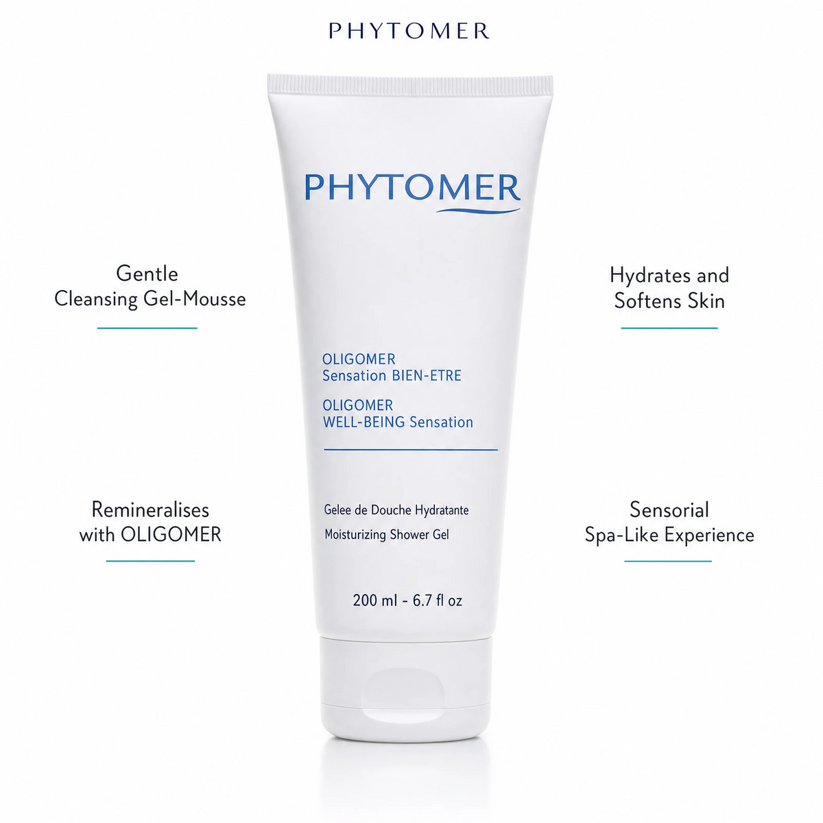 Phytomer Oligomer Well-Being Sensation Moisturising Shower Gel 200ml with four benefit callouts: Gentle Cleansing Gel-Mousse, Remineralises with OLIGOMER, Hydrates and Softens Skin, Sensorial Spa-Like Experience