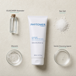Phytomer Oligomer Well-Being Sensation Moisturising Shower Gel 200ml flatlay on limestone surface with OLIGOMER Seawater, Sea Salt, Glycerin, and Gentle Cleansing Agents