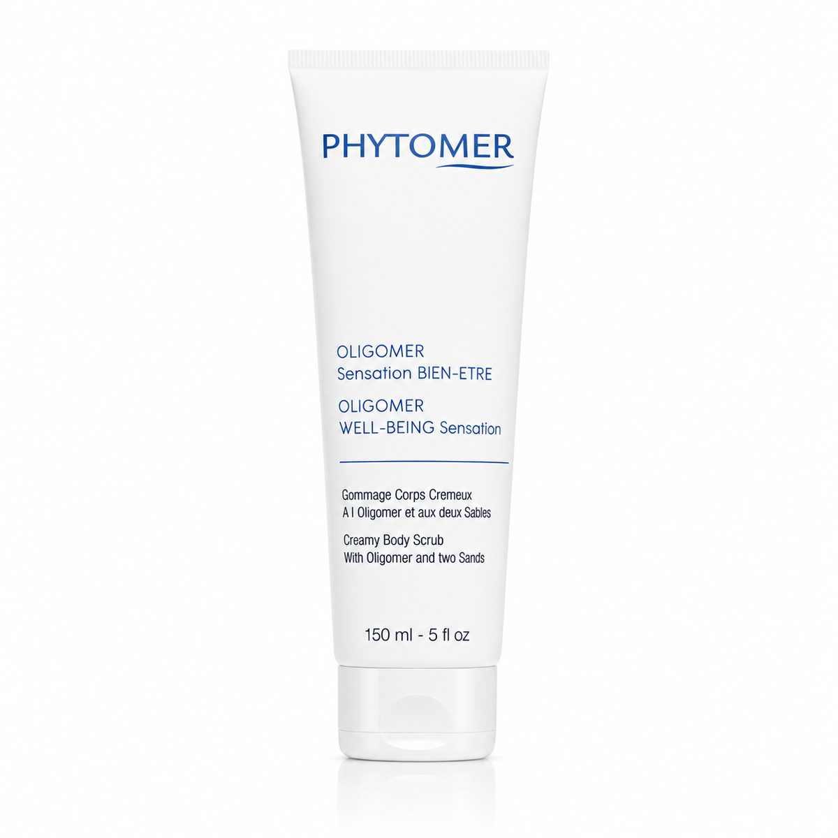 Phytomer Oligomer Sensation Bien-etre / Oligomer Well-Being Creamy Body Scrub 150 ml in a white squeeze tube with blue text, shown on a clean white background.