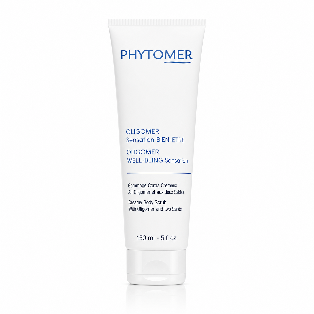 Phytomer Oligomer Sensation Bien-etre / Oligomer Well-Being Creamy Body Scrub 150 ml in a white squeeze tube with blue text, shown on a clean white background.