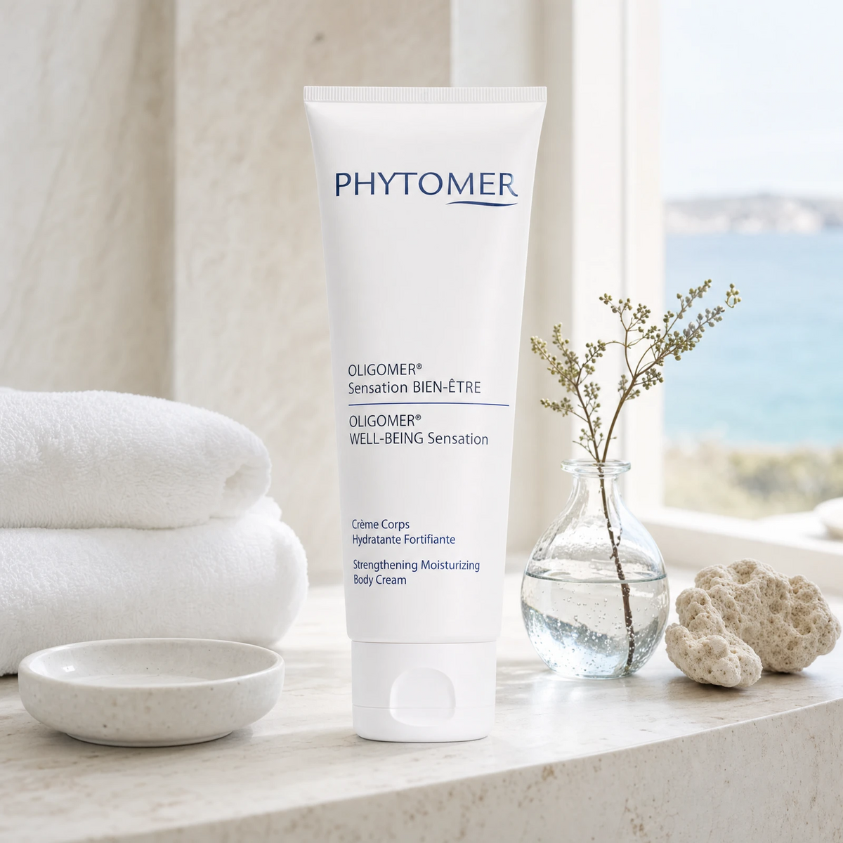 Phytomer Oligomer Well-Being Sensation Strengthening Moisturising Body Cream 150ml on a marble bath surround with gypsophila in glass carafe, white coral, ceramic dish, white spa towels and sea view, premium at-home body care setting