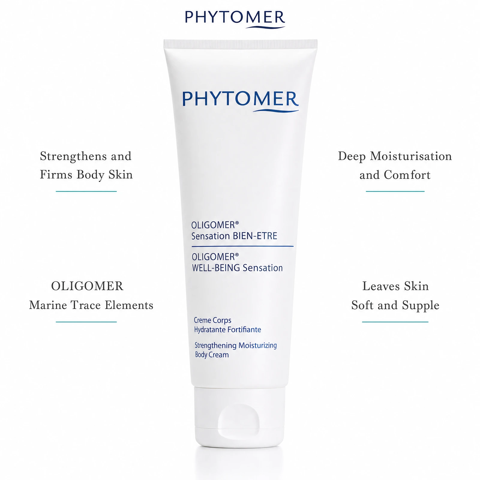 Phytomer Oligomer Well-Being Sensation Strengthening Moisturising Body Cream 150ml with four benefit callouts: Strengthens and Firms Body Skin, OLIGOMER Marine Trace Elements, Deep Moisturisation and Comfort, Leaves Skin Soft and Supple