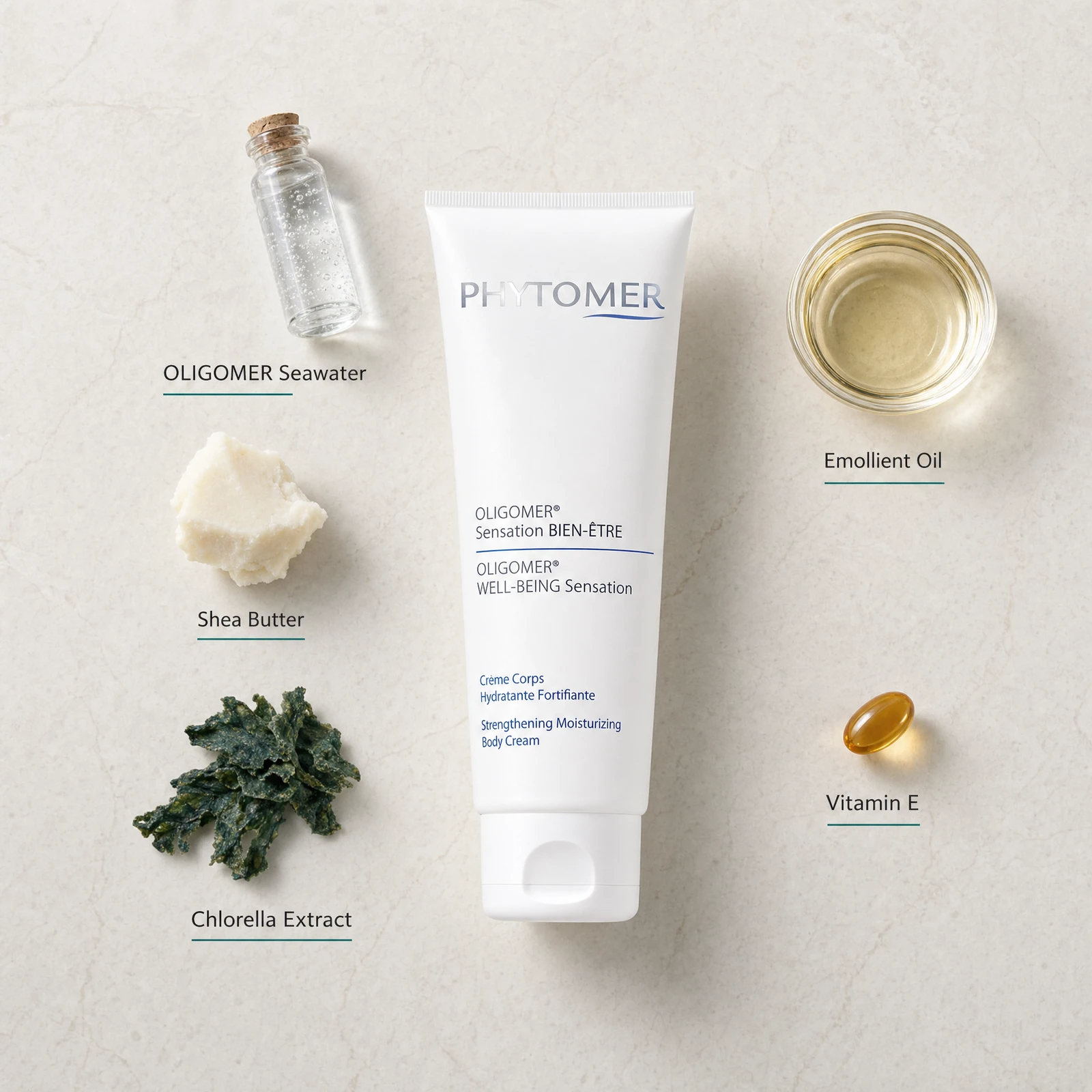 Phytomer Oligomer Well-Being Sensation Strengthening Moisturising Body Cream 150ml flatlay on limestone surface with OLIGOMER Seawater, Shea Butter, Chlorella Extract, Emollient Oil, and Vitamin E