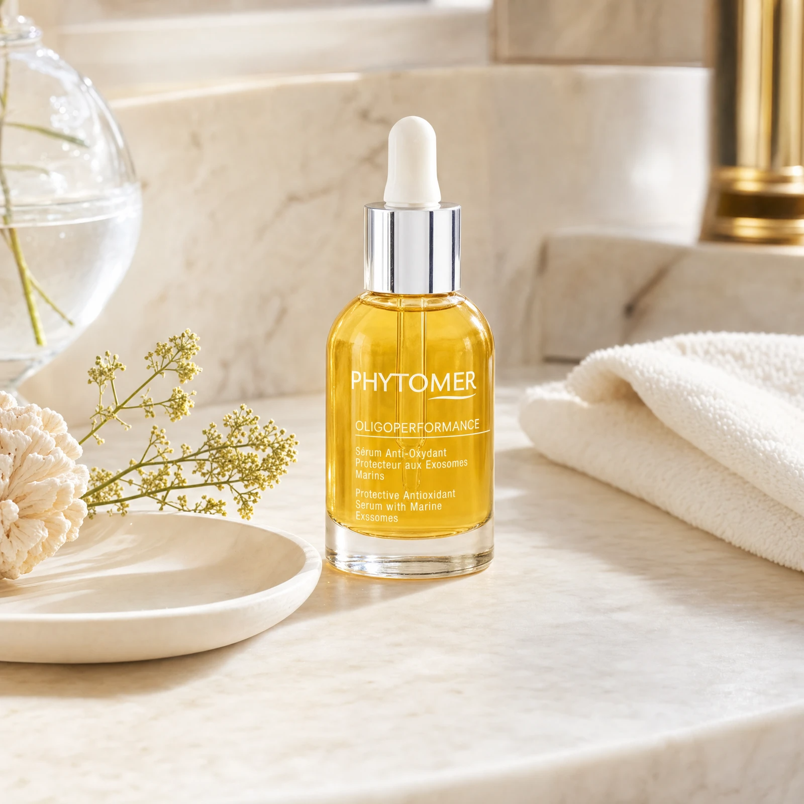 Phytomer Oligoperformance Protective Antioxidant Serum 30ml on a warm marble bathroom vanity with coastal botanicals, glass vessel and white towels, premium at-home skincare setting