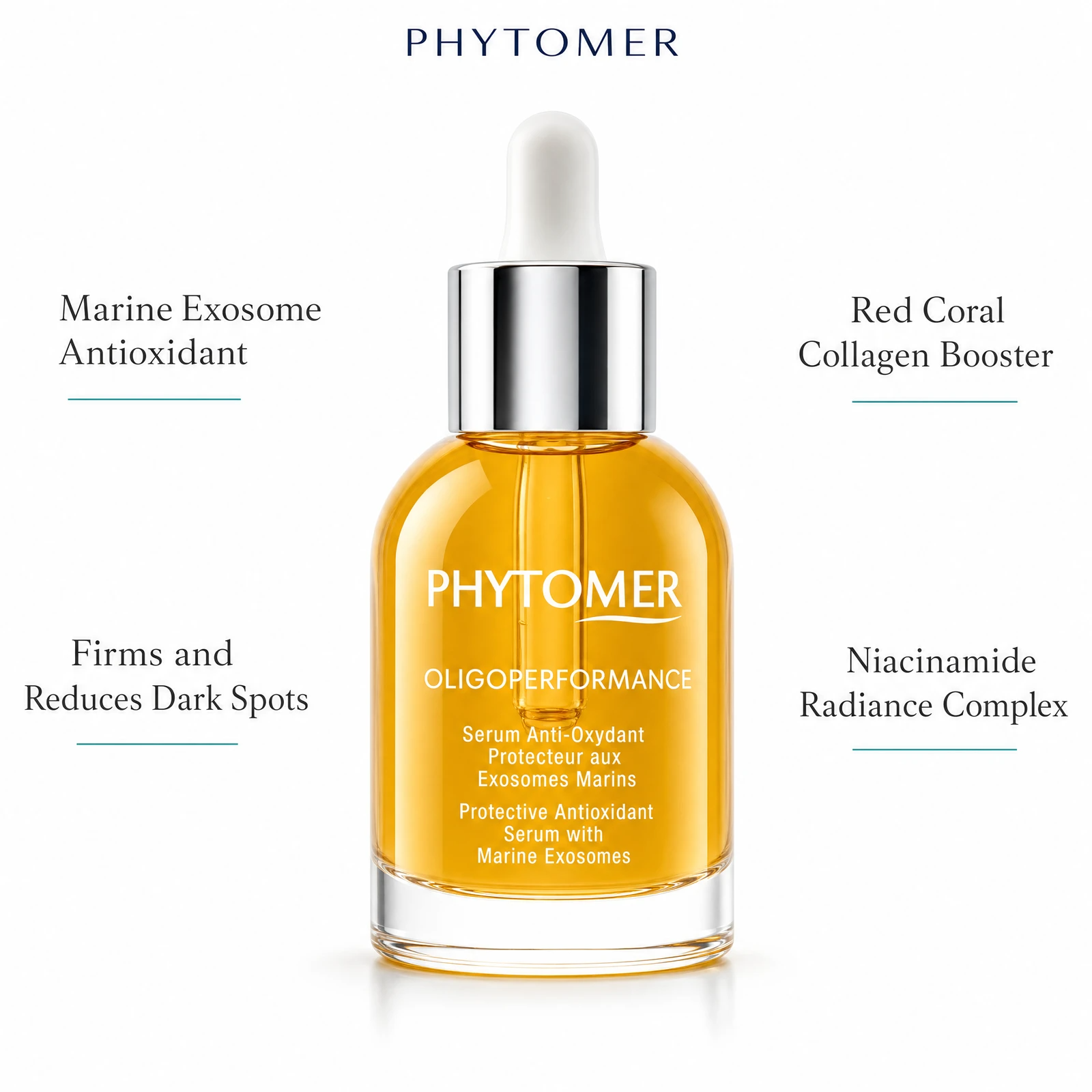 Phytomer Oligoperformance Protective Antioxidant Serum 30ml with four benefit callouts: Marine Exosome Antioxidant, Firms and Reduces Dark Spots, Red Coral Collagen Booster, Niacinamide Radiance Complex