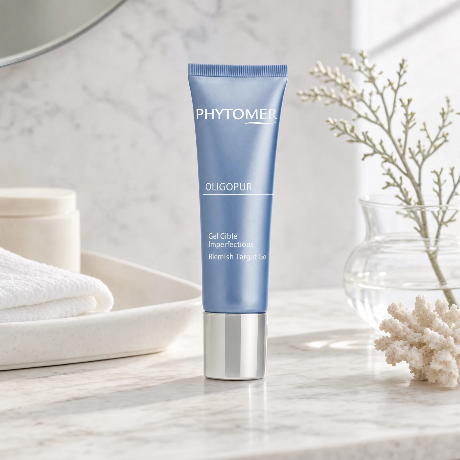 Phytomer Oligopur Blemish Target Gel 30ml on a marble bathroom counter with white coral, gypsophila in glass carafe, white ceramic tray, white towels and round mirror, premium at-home skincare setting