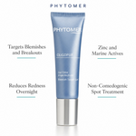 Phytomer Oligopur Blemish Target Gel 30ml with four benefit callouts: Targets Blemishes and Breakouts, Reduces Redness Overnight, Zinc and Marine Actives, Non-Comedogenic Spot Treatment