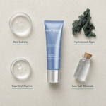 Phytomer Oligopur Blemish Target Gel 30ml flatlay on limestone surface with Zinc Sulfate, Hydrolyzed Algin, Capryloyl Glycine, and Sea Salt Minerals