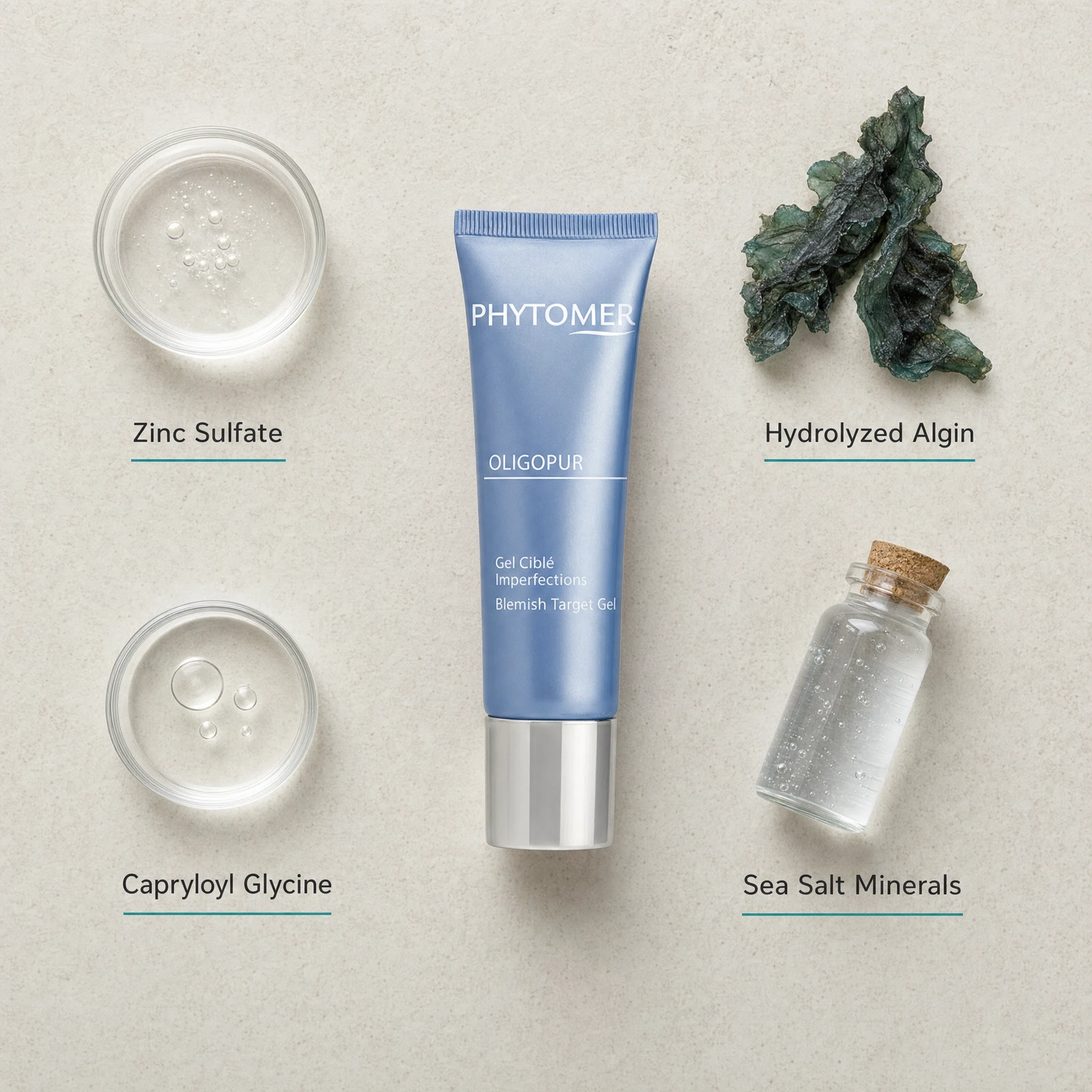 Phytomer Oligopur Blemish Target Gel 30ml flatlay on limestone surface with Zinc Sulfate, Hydrolyzed Algin, Capryloyl Glycine, and Sea Salt Minerals