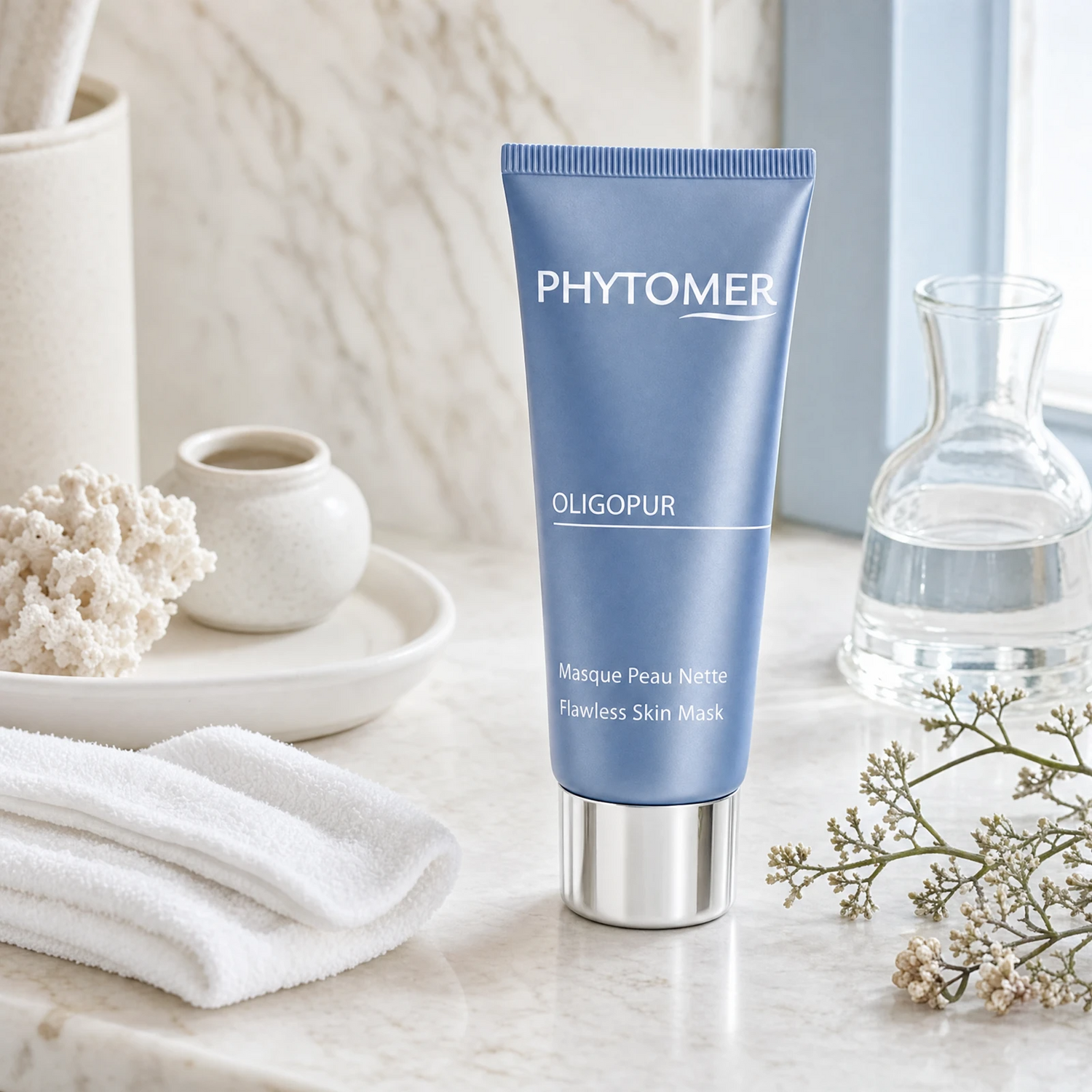 Phytomer Oligopur Flawless Skin Mask 50ml on a marble bathroom vanity with sea coral, glass vessel, white towels and ceramic dish, premium at-home skincare setting