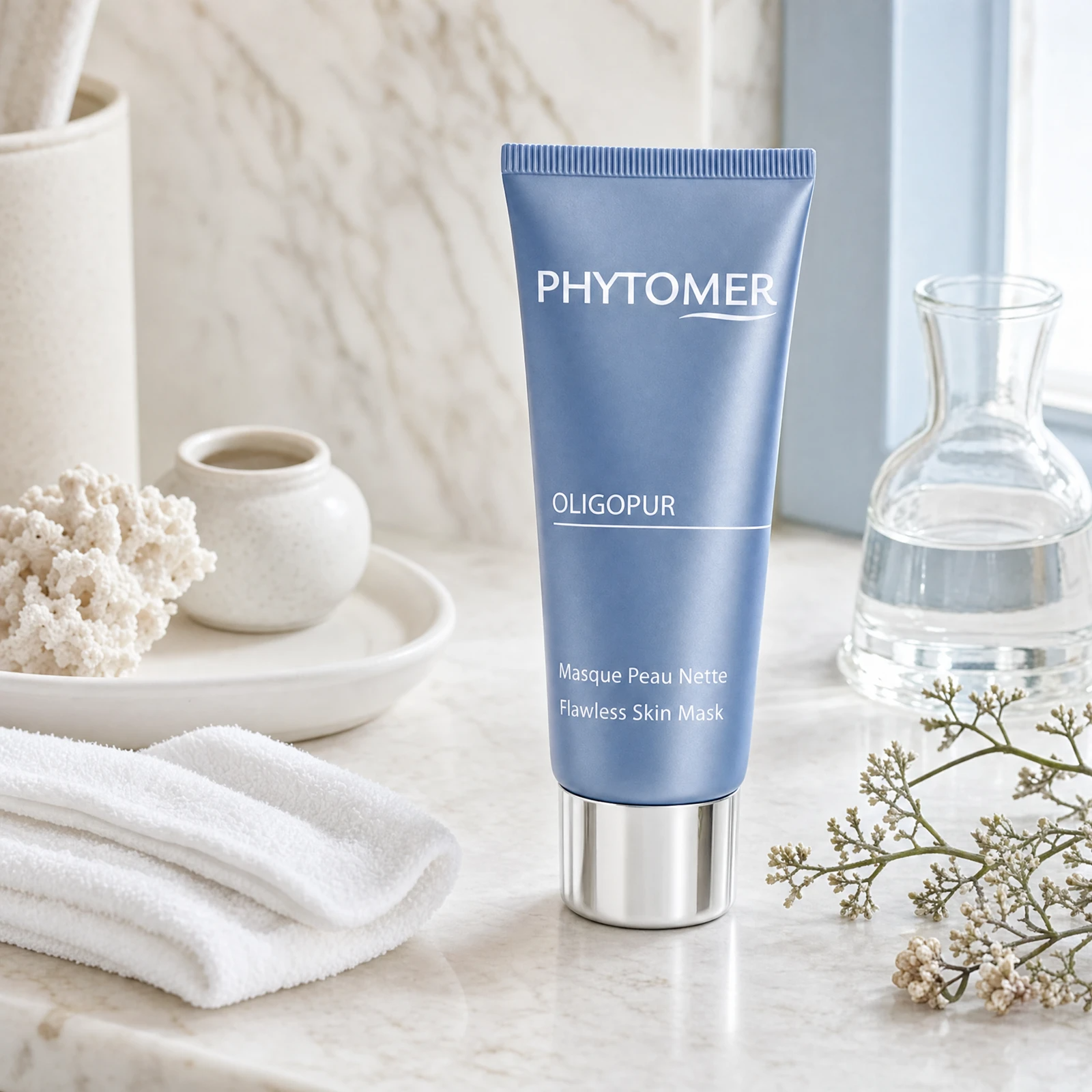 Phytomer Oligopur Flawless Skin Mask 50ml on a marble bathroom vanity with sea coral, glass vessel, white towels and ceramic dish, premium at-home skincare setting