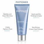 Phytomer Oligopur Flawless Skin Mask 50ml with four benefit callouts: Mattifies and Clears Blemishes, Visibly Tightens Pores, Kaolin and Zinc Purifying Complex, Non-Drying Cream-Foam Formula