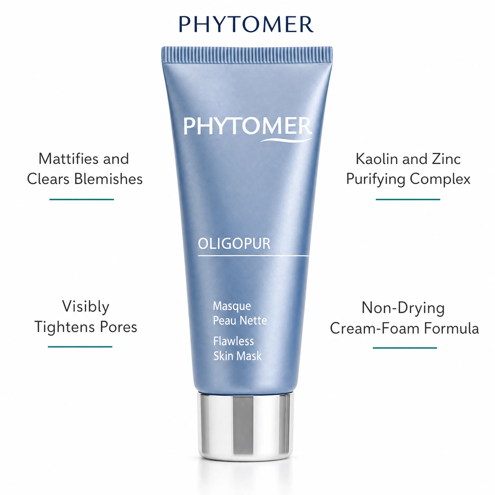 Phytomer Oligopur Flawless Skin Mask 50ml with four benefit callouts: Mattifies and Clears Blemishes, Visibly Tightens Pores, Kaolin and Zinc Purifying Complex, Non-Drying Cream-Foam Formula