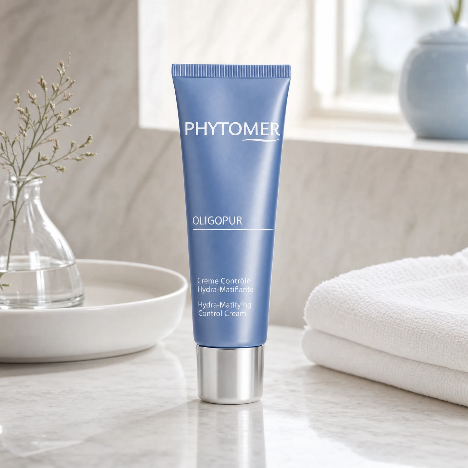 Phytomer Oligopur Hydra-Matifying Control Cream 50ml on a marble bathroom vanity with glass vessel, botanical, white towels and ceramic tray, premium at-home skincare setting