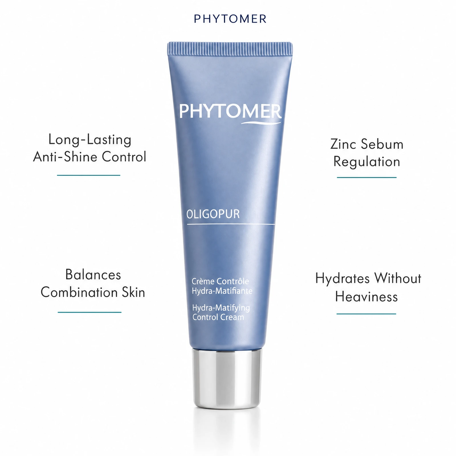 Phytomer Oligopur Hydra-Matifying Control Cream 50ml with four benefit callouts: Long-Lasting Anti-Shine Control, Balances Combination Skin, Zinc Sebum Regulation, Hydrates Without Heaviness