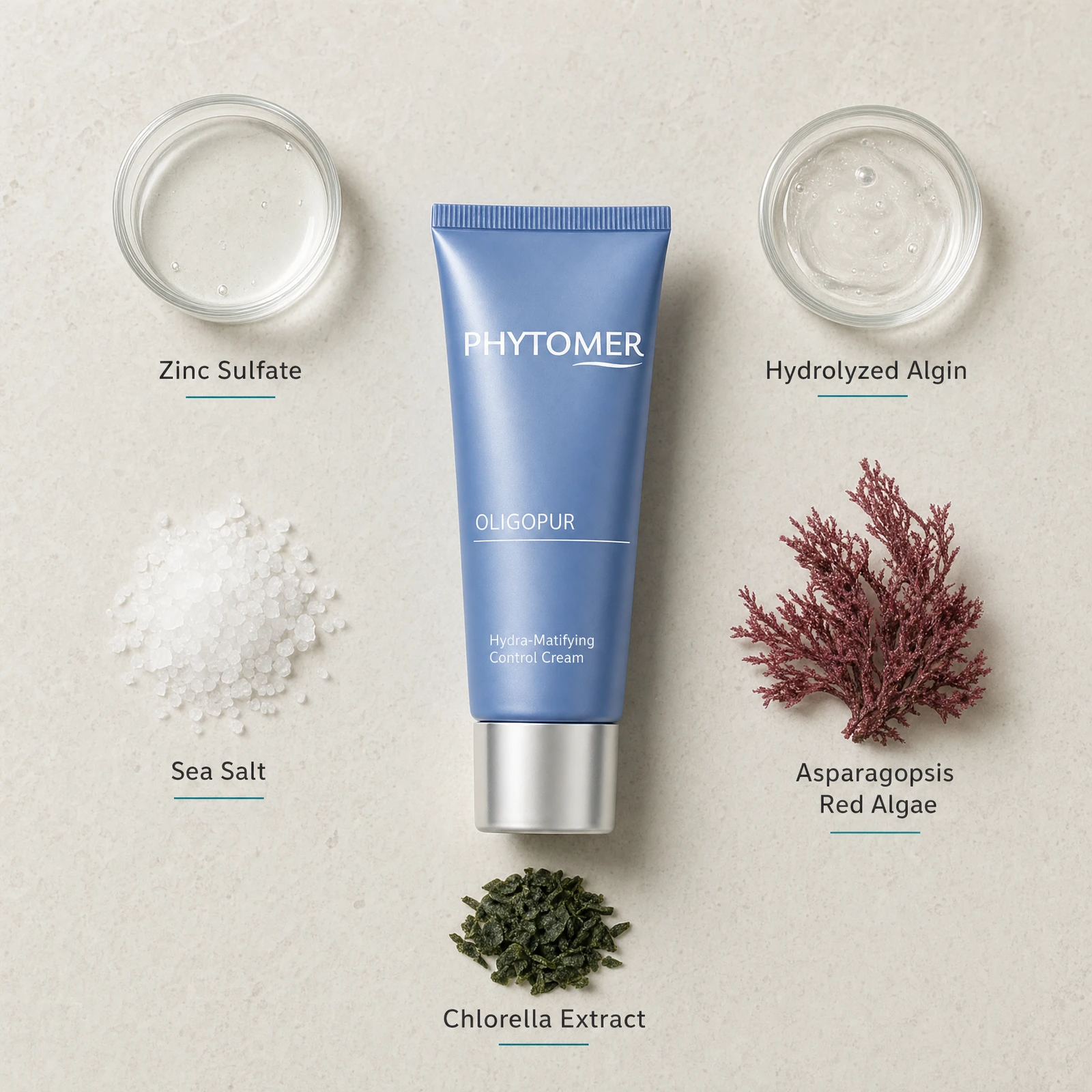 Phytomer Oligopur Hydra-Matifying Control Cream 50ml flatlay on limestone surface with Zinc Sulfate, Hydrolyzed Algin, Sea Salt, Asparagopsis Red Algae, and Chlorella Extract
