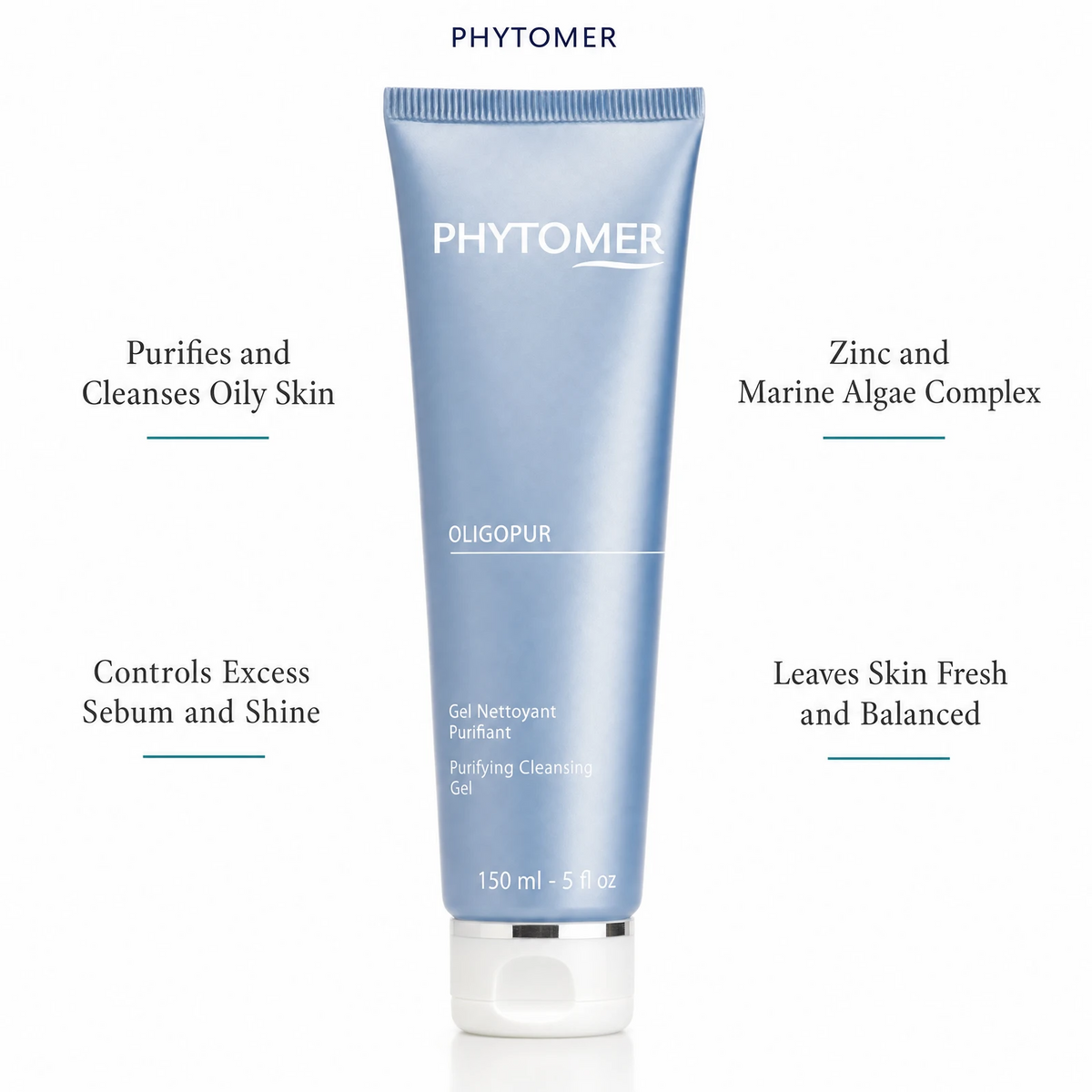 Phytomer Oligopur Purifying Cleansing Gel 150ml on a marble bathroom counter with teal coral in glass carafe, white ceramic soap dish, white waffle towel and soft backlit window, premium at-home skincare setting