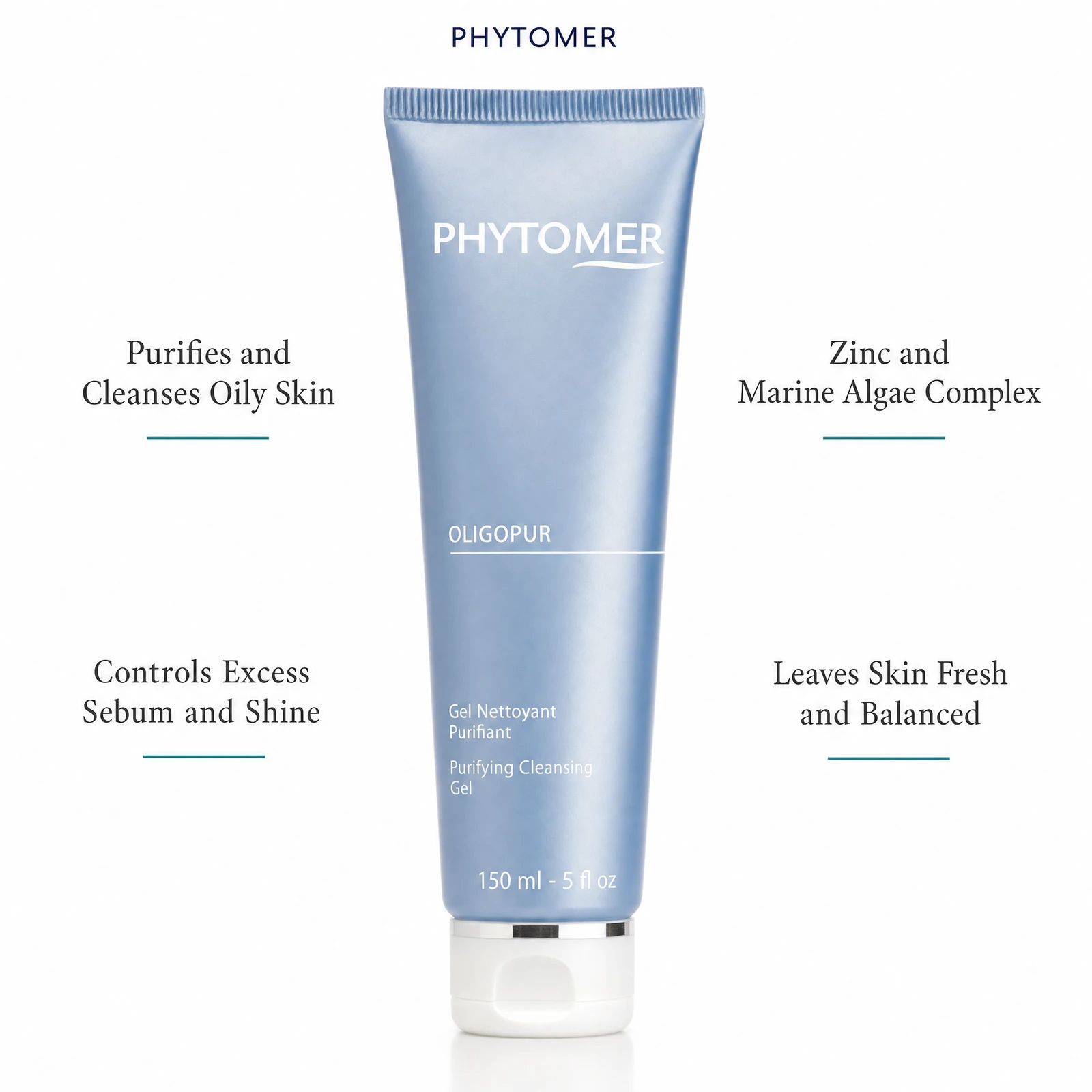 Phytomer Oligopur Purifying Cleansing Gel 150ml on a marble bathroom counter with teal coral in glass carafe, white ceramic soap dish, white waffle towel and soft backlit window, premium at-home skincare setting