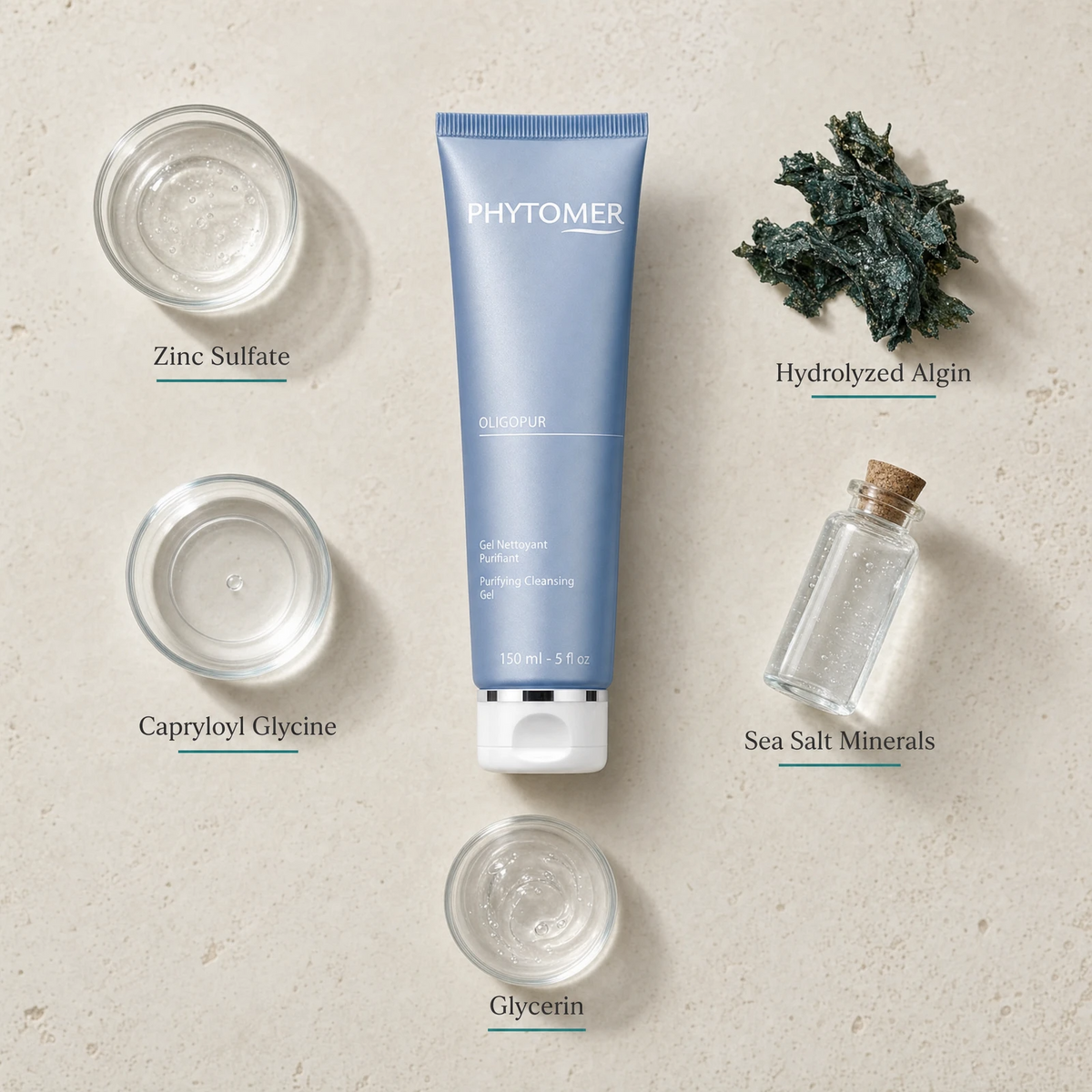 Phytomer Oligopur Purifying Cleansing Gel 150ml on a marble bathroom counter with teal coral in glass carafe, white ceramic soap dish, white waffle towel and soft backlit window, premium at-home skincare setting