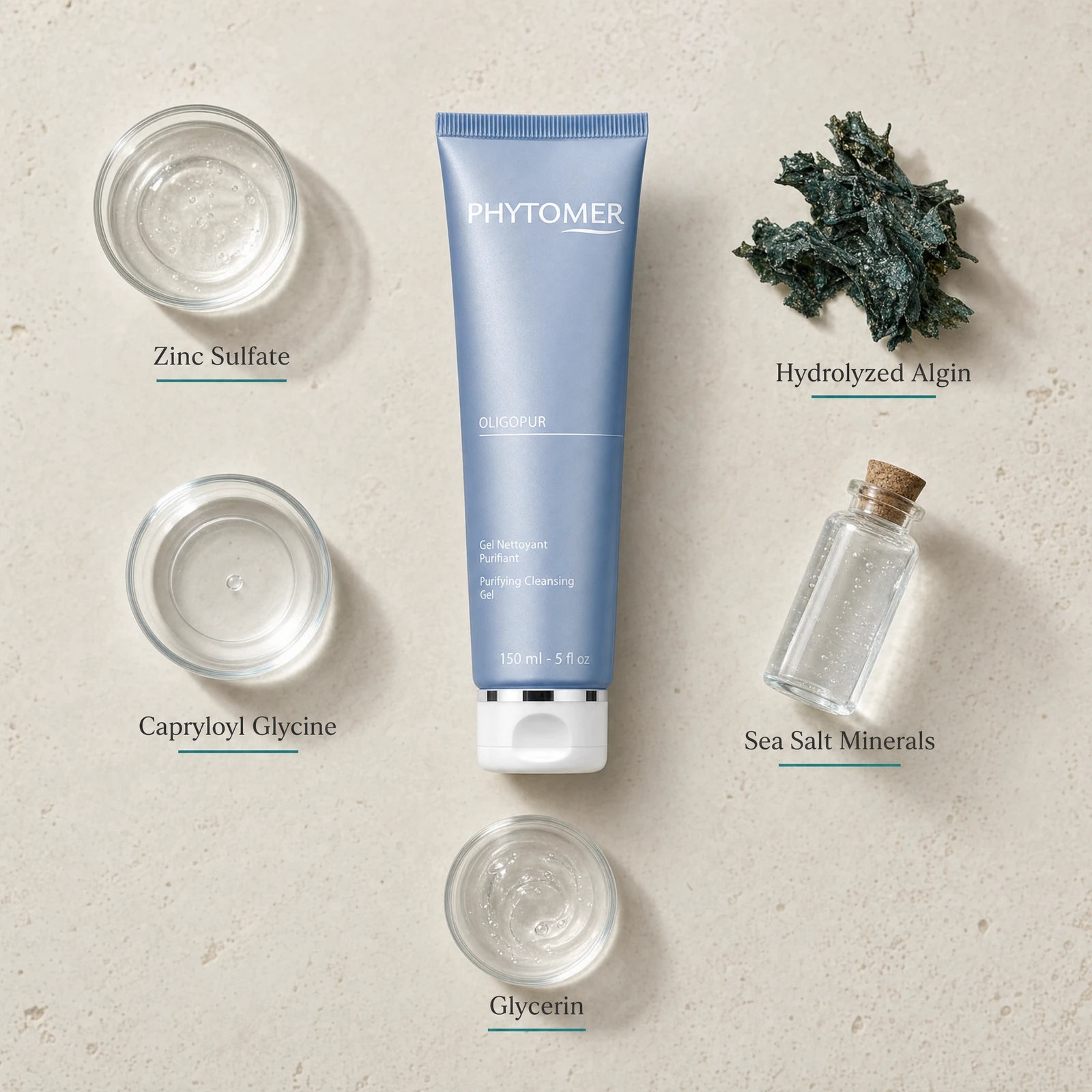 Phytomer Oligopur Purifying Cleansing Gel 150ml on a marble bathroom counter with teal coral in glass carafe, white ceramic soap dish, white waffle towel and soft backlit window, premium at-home skincare setting