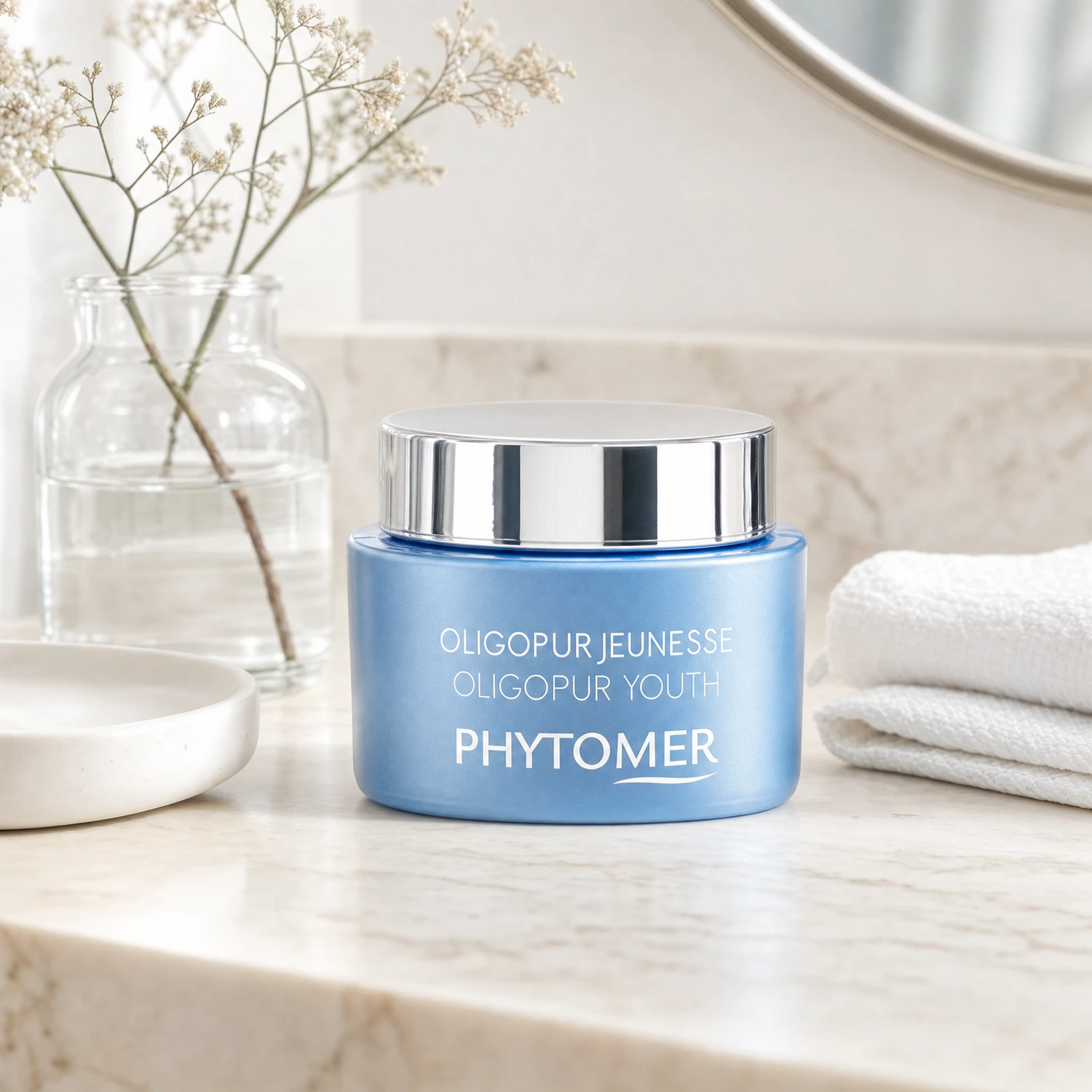 Phytomer Oligopur Youth Targeted Cream 50ml on a marble bathroom vanity with glass vessel with botanicals, white towels and ceramic dish, premium at-home skincare setting