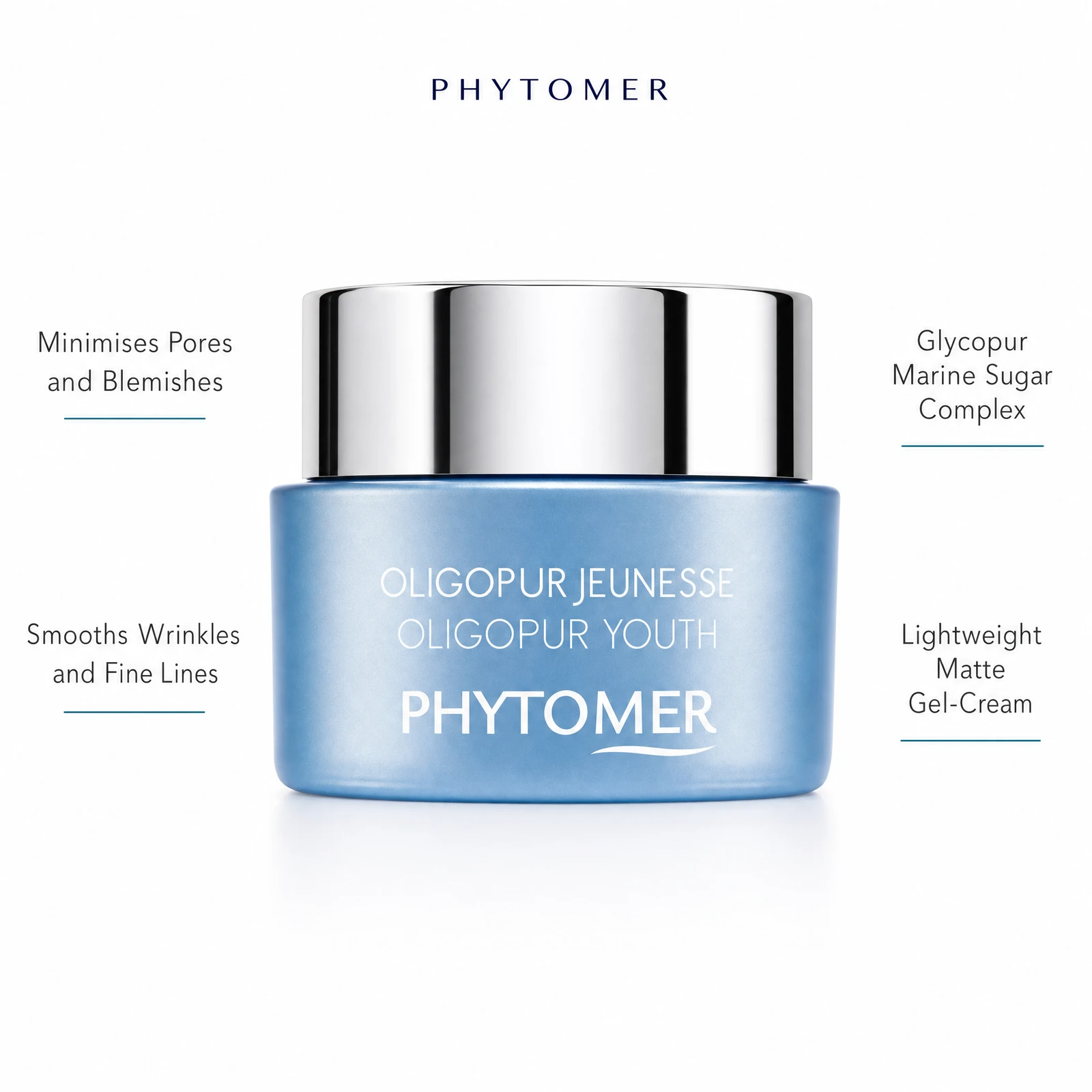 Phytomer Oligopur Youth Targeted Cream 50ml with four benefit callouts: Minimises Pores and Blemishes, Smooths Wrinkles and Fine Lines, Glycopur Marine Sugar Complex, Lightweight Matte Gel-Cream