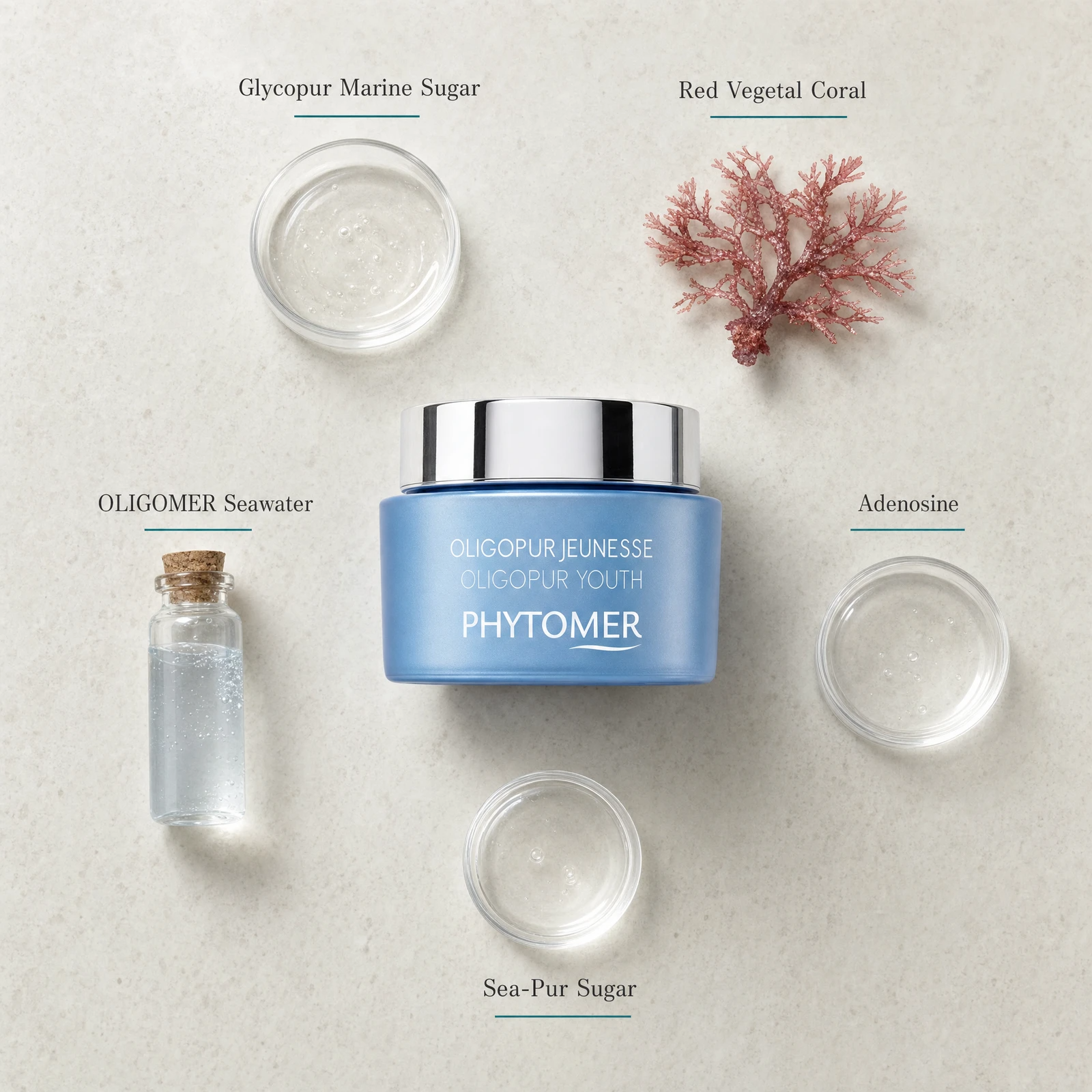 Phytomer Oligopur Youth Targeted Cream 50ml flatlay on limestone surface with Glycopur Marine Sugar, Red Vegetal Coral, OLIGOMER Seawater, Adenosine, and Sea-Pur Sugar