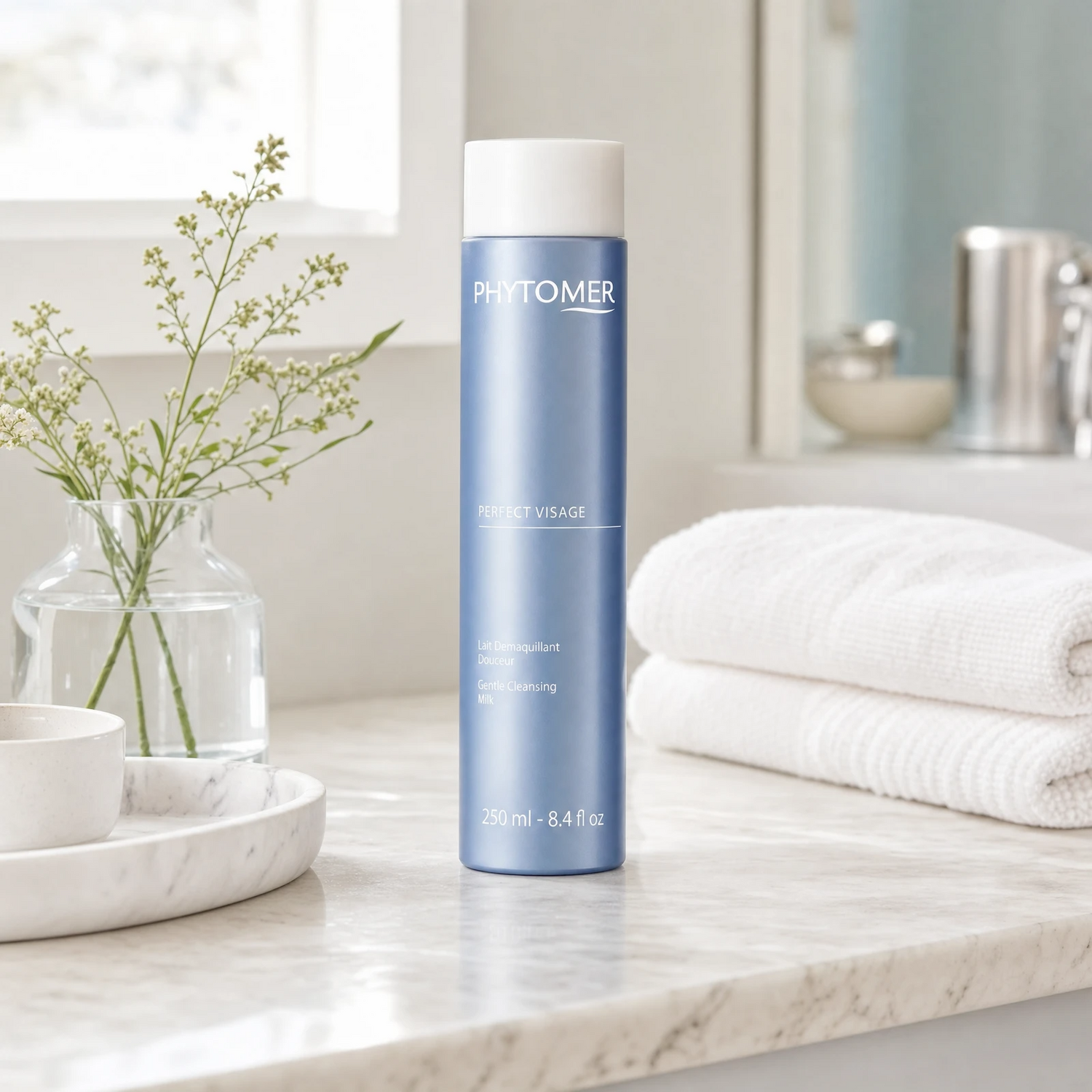 Phytomer Perfect Visage Gentle Cleansing Milk 250ml on a marble bathroom vanity with white ceramic tray, face cloths, glass vessel and botanical, premium at-home skincare setting