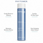 Phytomer Perfect Visage Gentle Cleansing Milk 250ml with four benefit callouts: Gently Removes Makeup, Maintains Moisture Barrier, Soothes All Skin Types, Non-Stripping Daily Cleanse