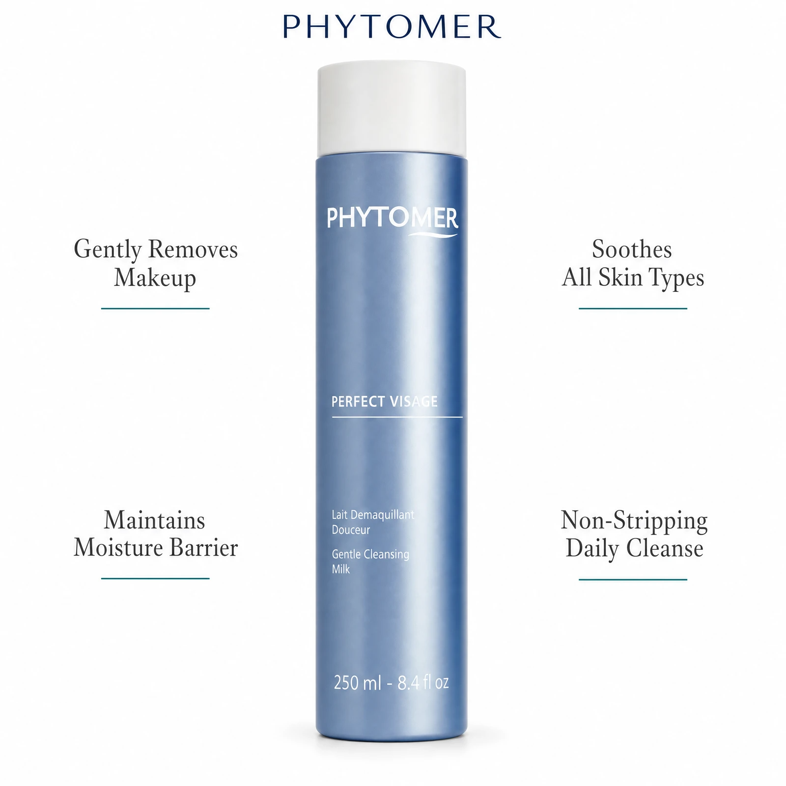 Phytomer Perfect Visage Gentle Cleansing Milk 250ml with four benefit callouts: Gently Removes Makeup, Maintains Moisture Barrier, Soothes All Skin Types, Non-Stripping Daily Cleanse