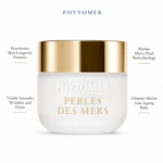 Phytomer Perles des Mers Longevity Cream 50ml with four benefit callouts: Reactivates Skin Longevity Proteins, Visibly Smooths Wrinkles and Firms, Marine Micro-Pearl Biotechnology, Ultimate Marine Anti-Ageing Balm