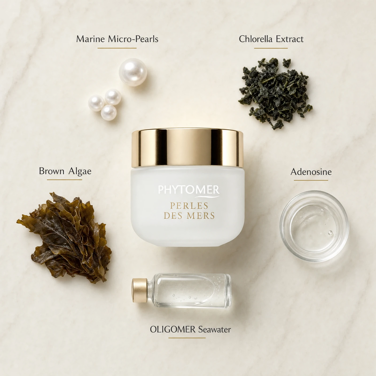 Phytomer Perles des Mers Longevity Cream 50ml prestige flatlay on warm marble with Marine Micro-Pearls, Chlorella Extract, Brown Algae, Adenosine, and OLIGOMER Seawater