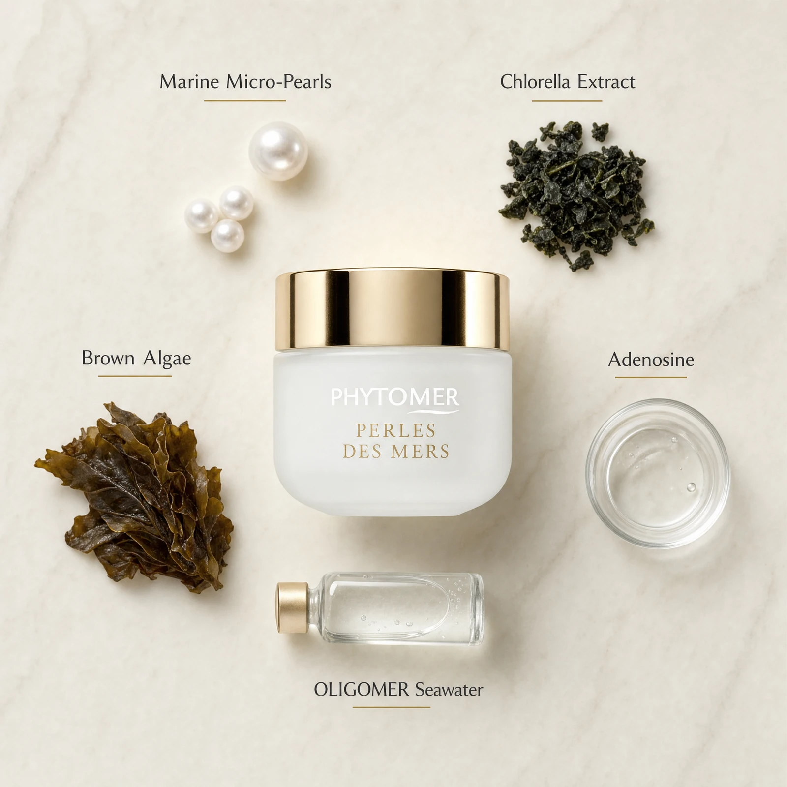 Phytomer Perles des Mers Longevity Cream 50ml prestige flatlay on warm marble with Marine Micro-Pearls, Chlorella Extract, Brown Algae, Adenosine, and OLIGOMER Seawater