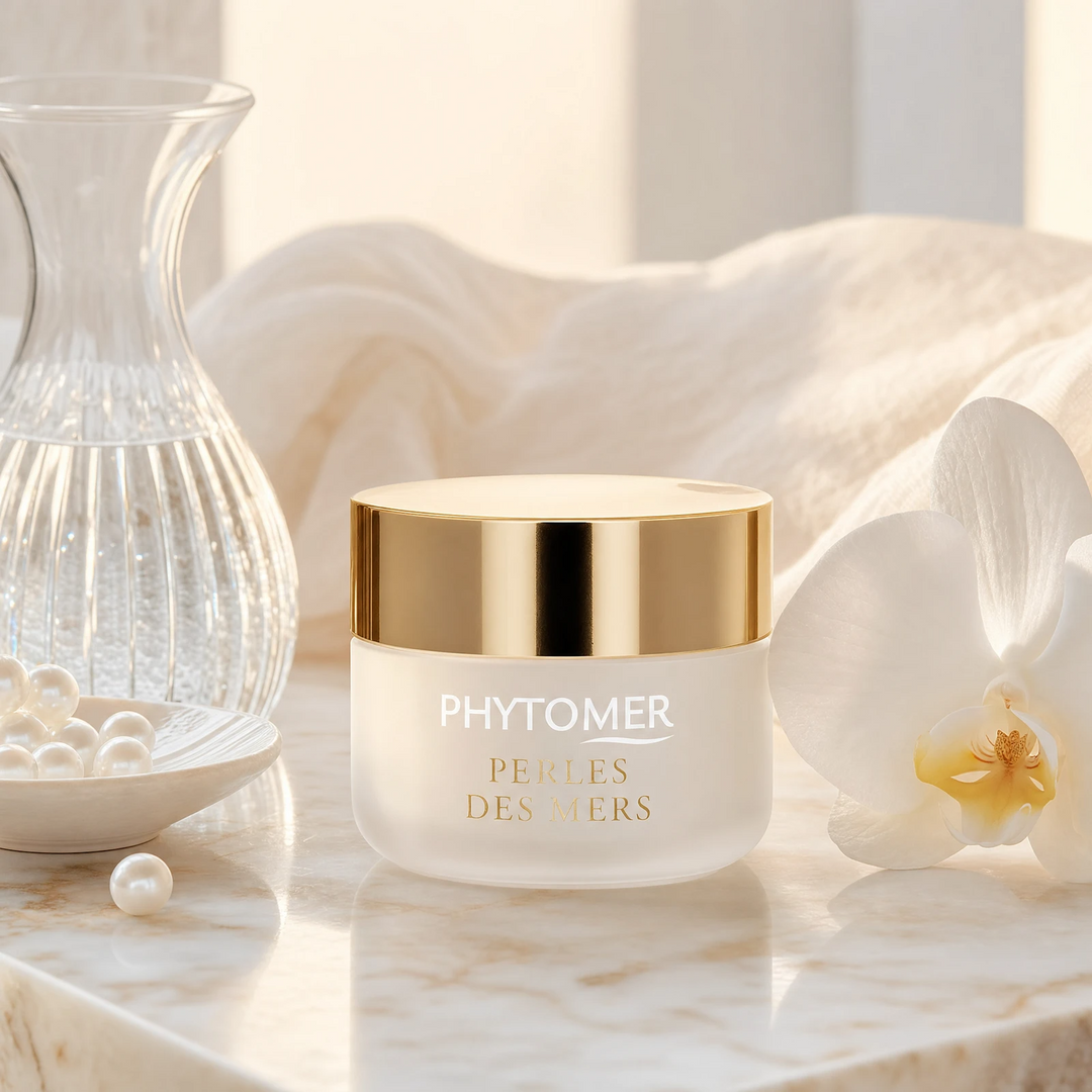 Phytomer Perles des Mers Longevity Cream 50ml on a polished marble surface with lustrous pearls, crystal vessel with water, white orchid and ivory linen, prestige editorial skincare setting