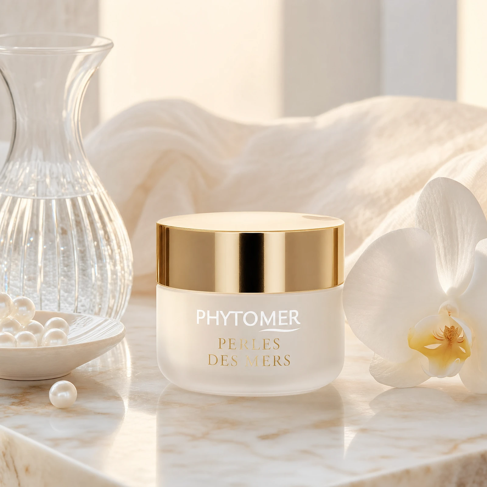 Phytomer Perles des Mers Longevity Cream 50ml on a polished marble surface with lustrous pearls, crystal vessel with water, white orchid and ivory linen, prestige editorial skincare setting