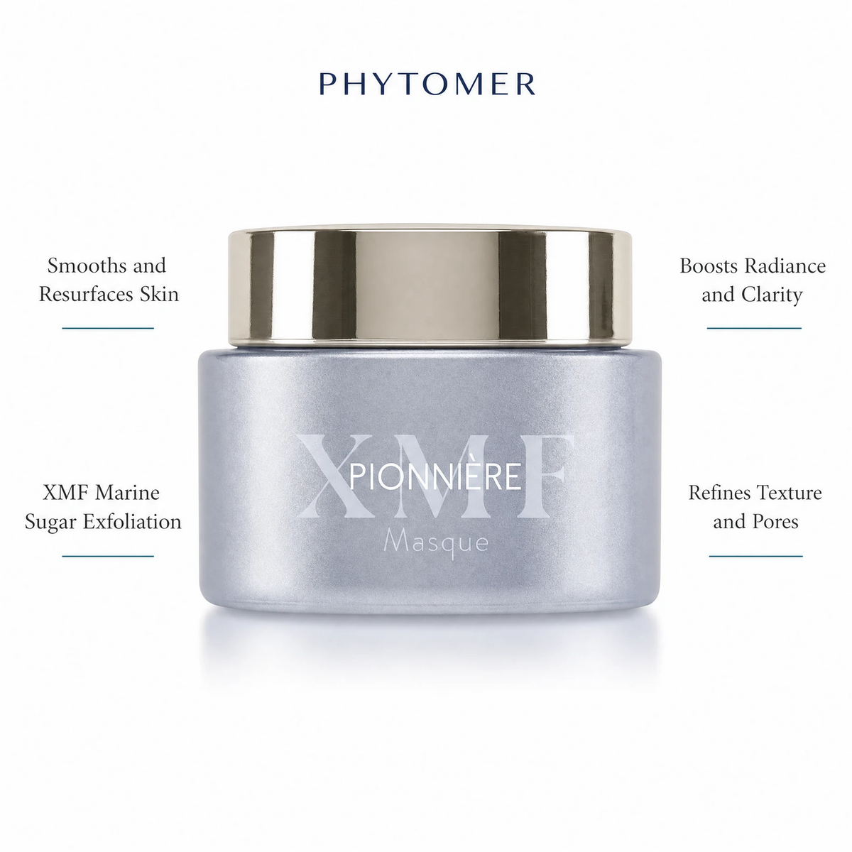 Phytomer Pionniere XMF Exfoliating Mask with four benefit callouts: Smooths and Resurfaces Skin, XMF Marine Sugar Exfoliation, Boosts Radiance and Clarity, Refines Texture and Pores