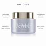 Phytomer Pionniere XMF Exfoliating Mask with four benefit callouts: Smooths and Resurfaces Skin, XMF Marine Sugar Exfoliation, Boosts Radiance and Clarity, Refines Texture and Pores