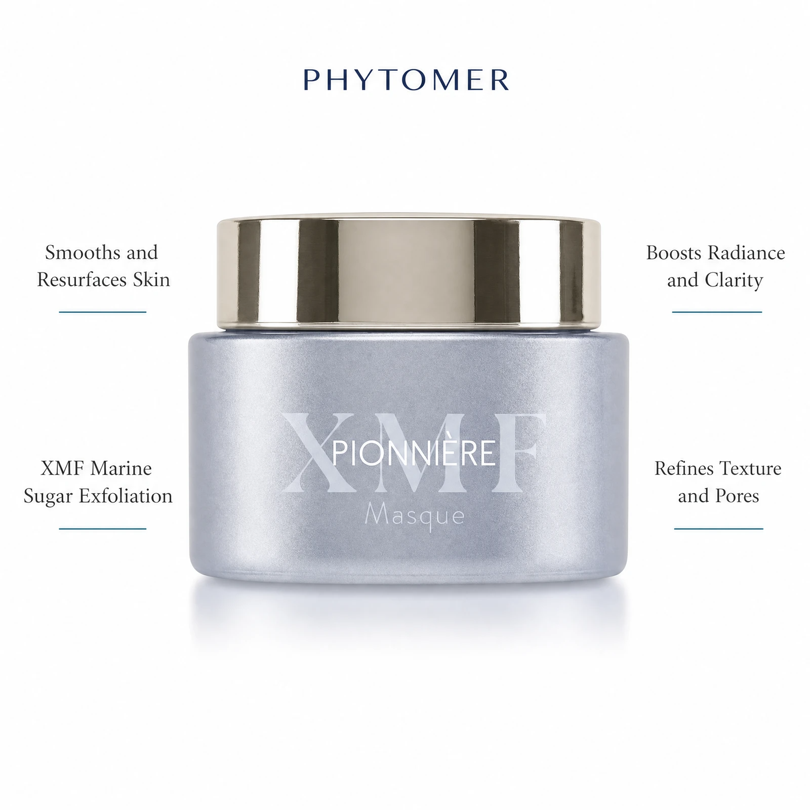 Phytomer Pionniere XMF Exfoliating Mask with four benefit callouts: Smooths and Resurfaces Skin, XMF Marine Sugar Exfoliation, Boosts Radiance and Clarity, Refines Texture and Pores