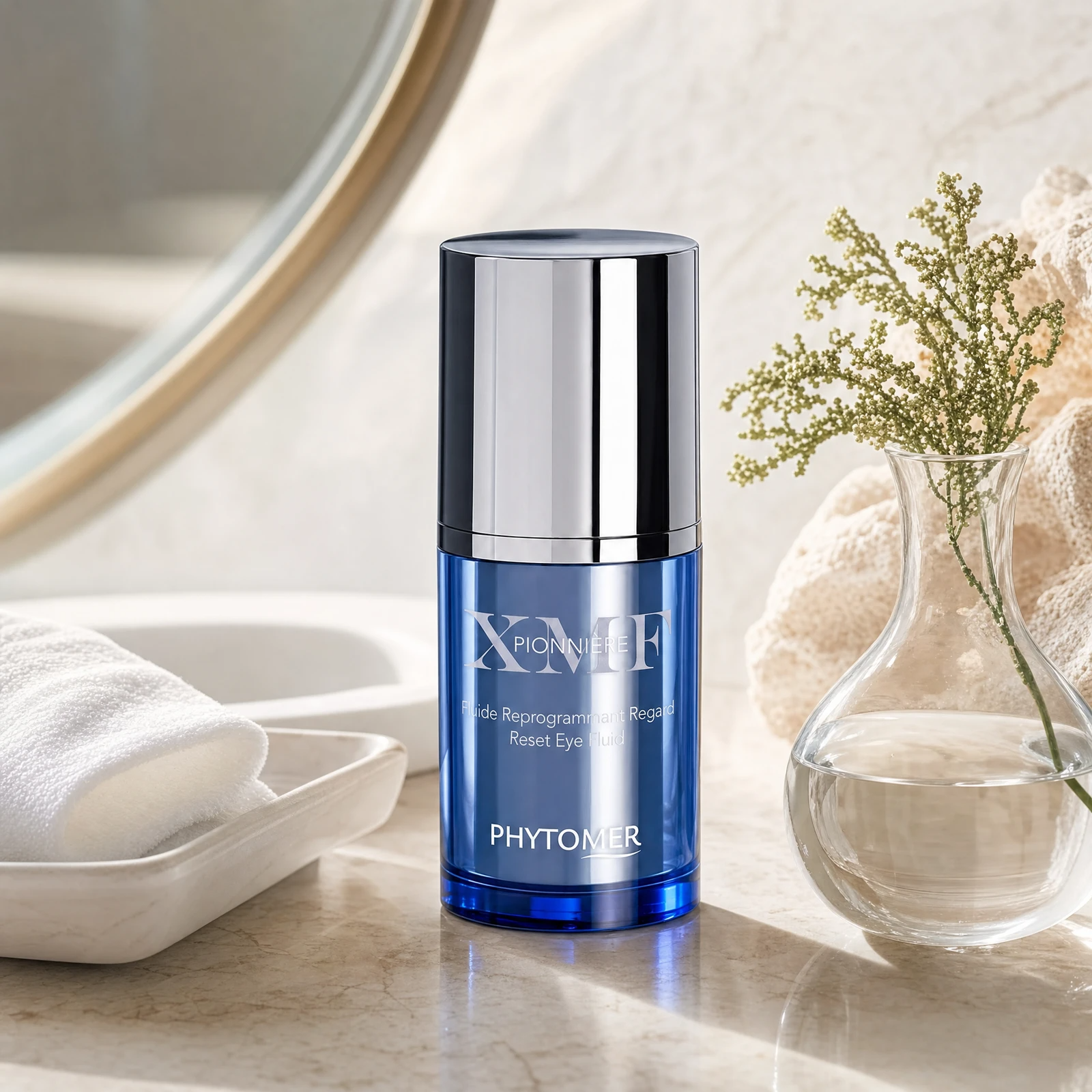 Phytomer Pionniere XMF Reset Eye Fluid 15ml on a marble bathroom counter with white coral, gypsophila in glass carafe, white ceramic tray, gold-framed round mirror and white towels, premium at-home skincare setting
