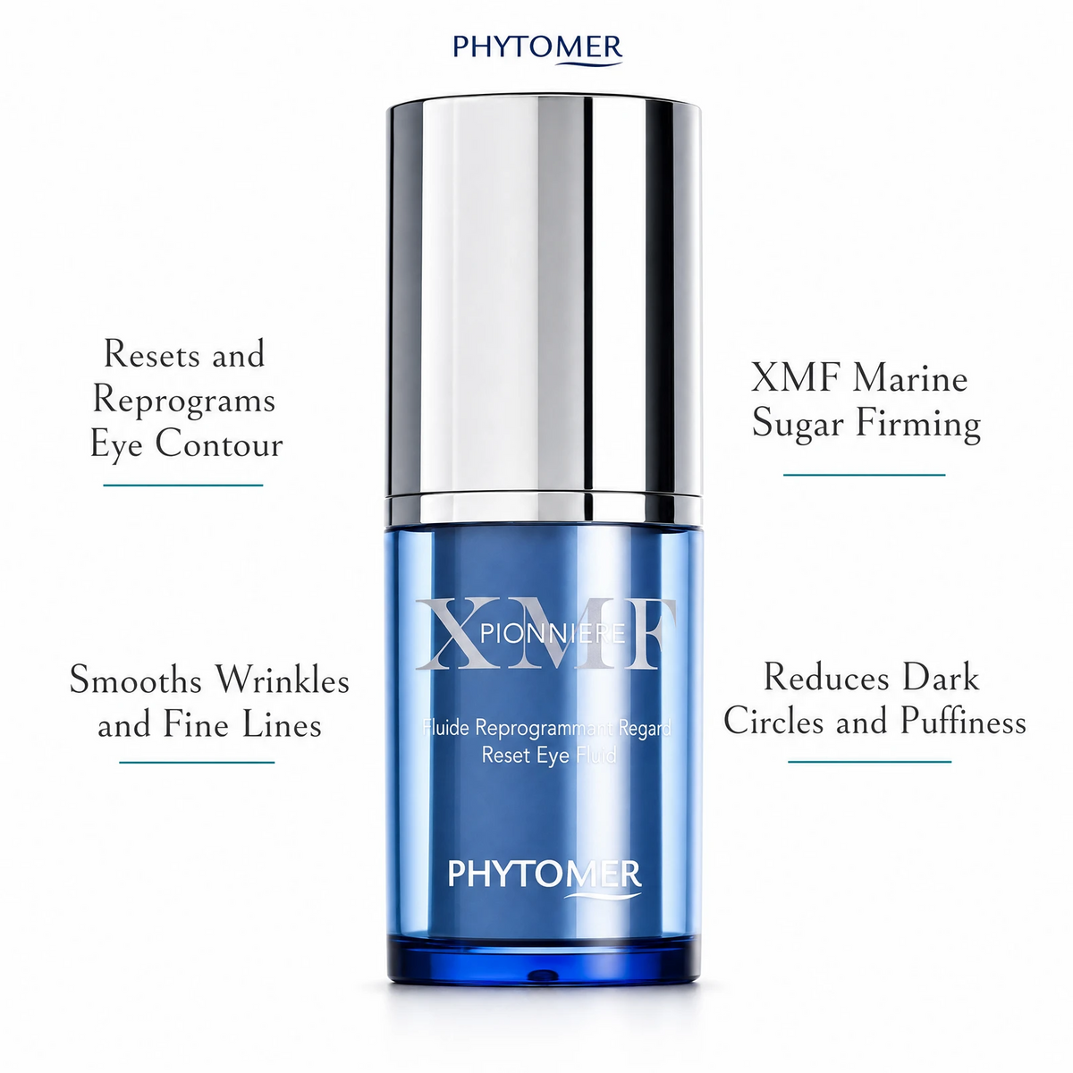 Phytomer Pionniere XMF Reset Eye Fluid 15ml with four benefit callouts: Resets and Reprograms Eye Contour, Smooths Wrinkles and Fine Lines, XMF Marine Sugar Firming, Reduces Dark Circles and Puffiness