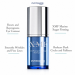 Phytomer Pionniere XMF Reset Eye Fluid 15ml with four benefit callouts: Resets and Reprograms Eye Contour, Smooths Wrinkles and Fine Lines, XMF Marine Sugar Firming, Reduces Dark Circles and Puffiness