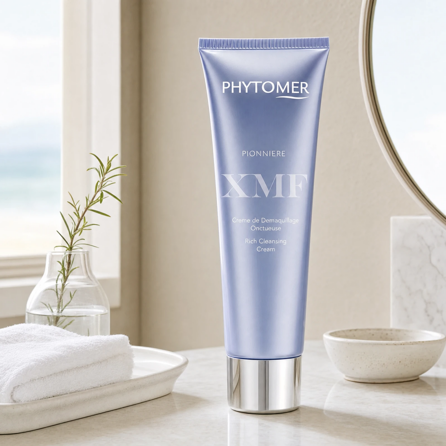 Phytomer Pionniere XMF Rich Cleansing Cream 150ml on a marble bathroom vanity with rosemary in glass vessel, white towels and ceramic dish, premium at-home skincare setting