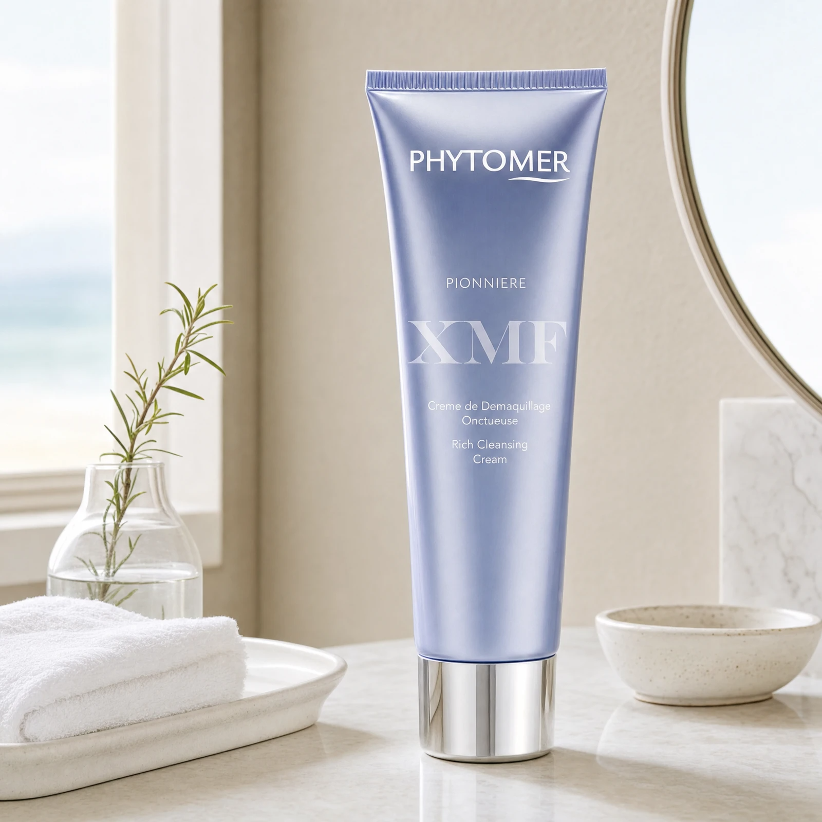 Phytomer Pionniere XMF Rich Cleansing Cream 150ml on a marble bathroom vanity with rosemary in glass vessel, white towels and ceramic dish, premium at-home skincare setting